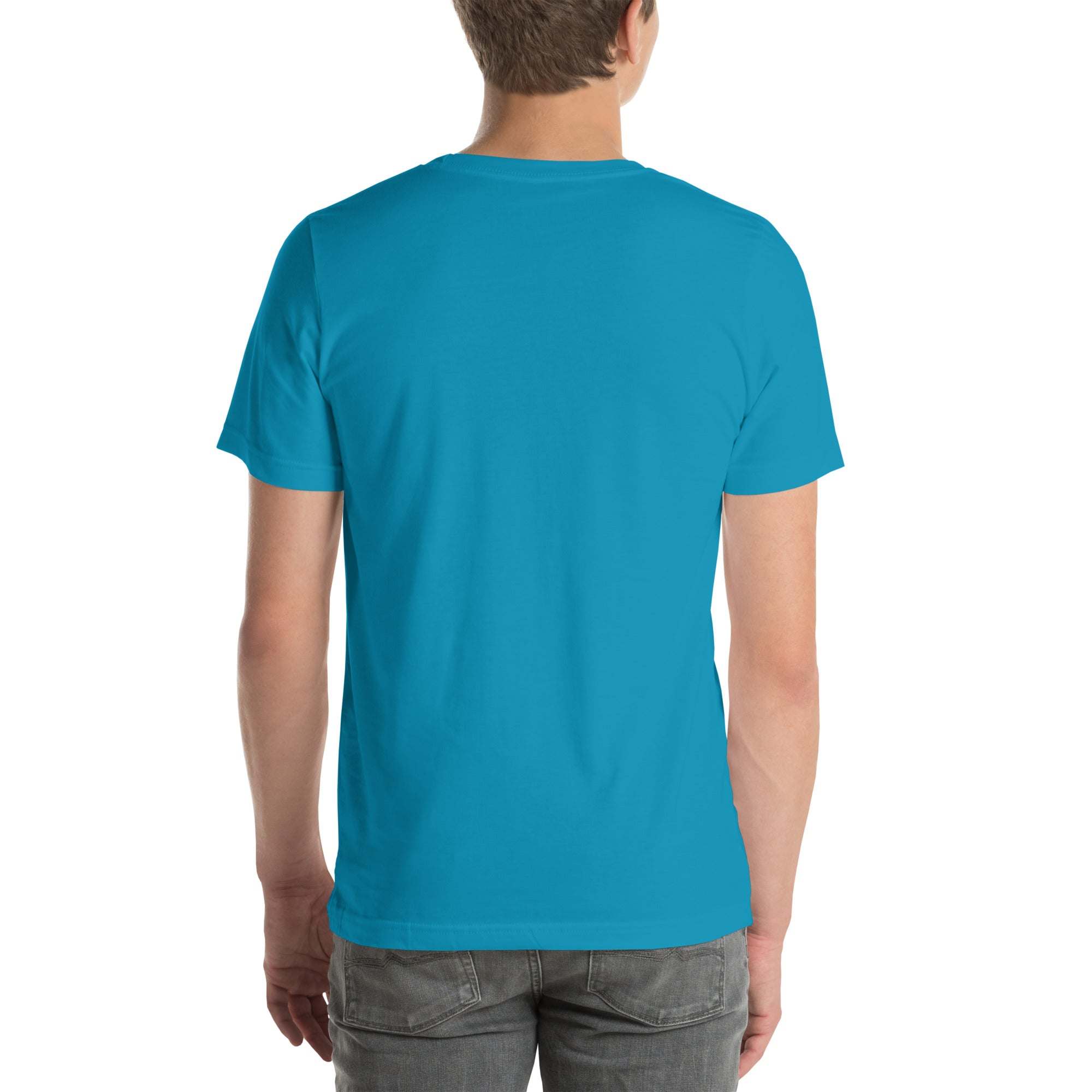 Unisex blue Ride the Wave T-Shirt made of soft cotton shown from back, perfect for surfers and ocean lovers