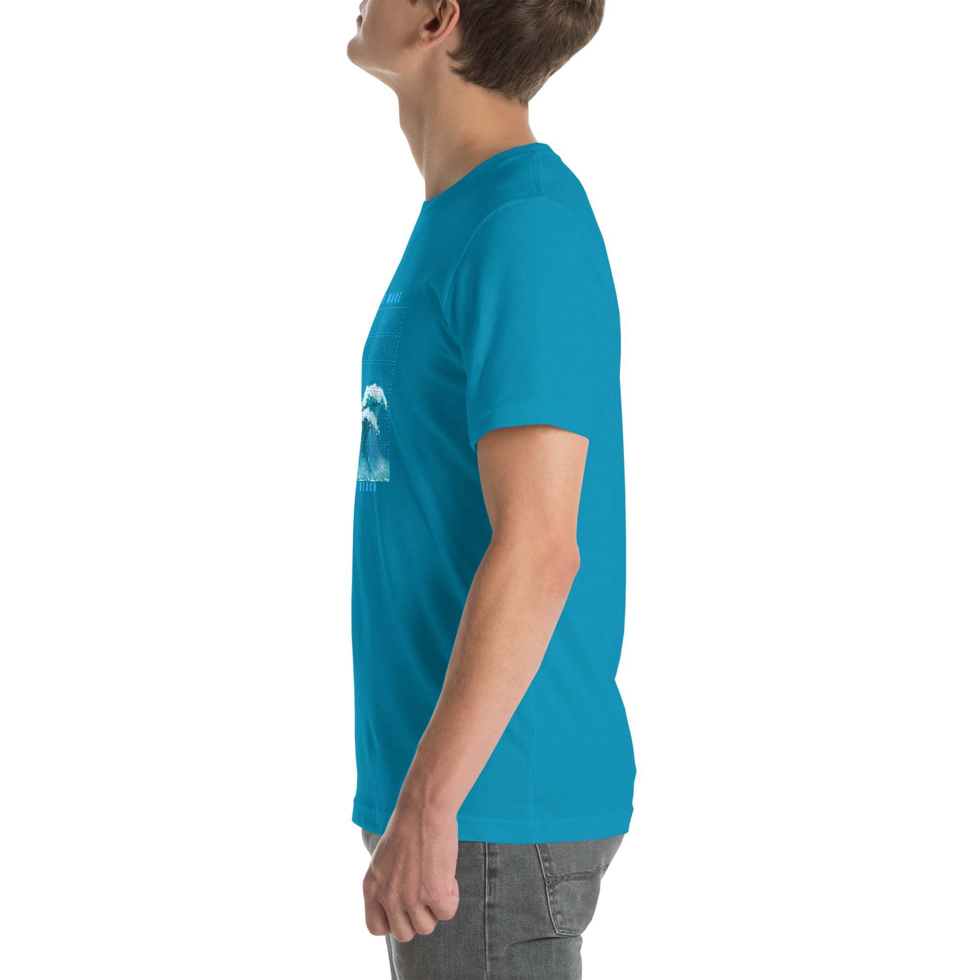 Side view of man wearing blue Ride the Wave T-Shirt with wave design in casual fit