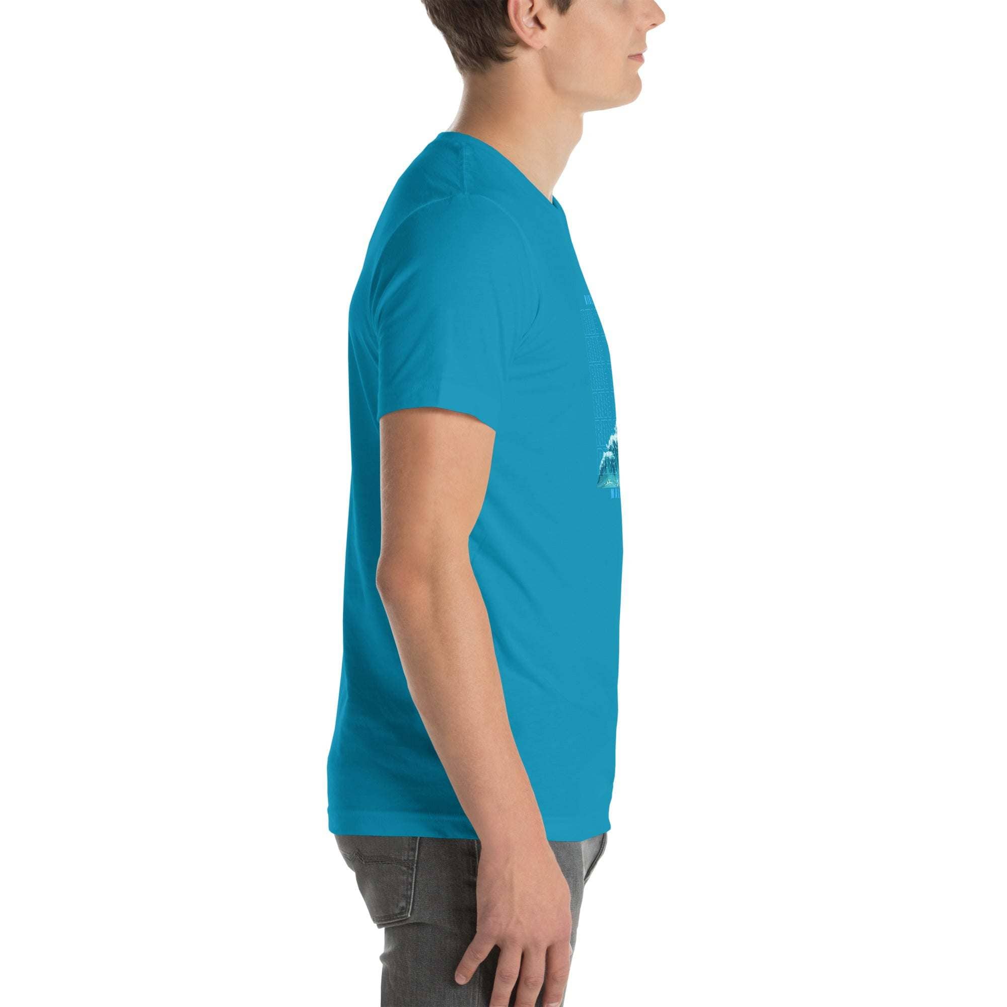 Side view of man wearing blue Ride the Wave T-Shirt with wave-inspired design, casual coastal style, and unisex fit