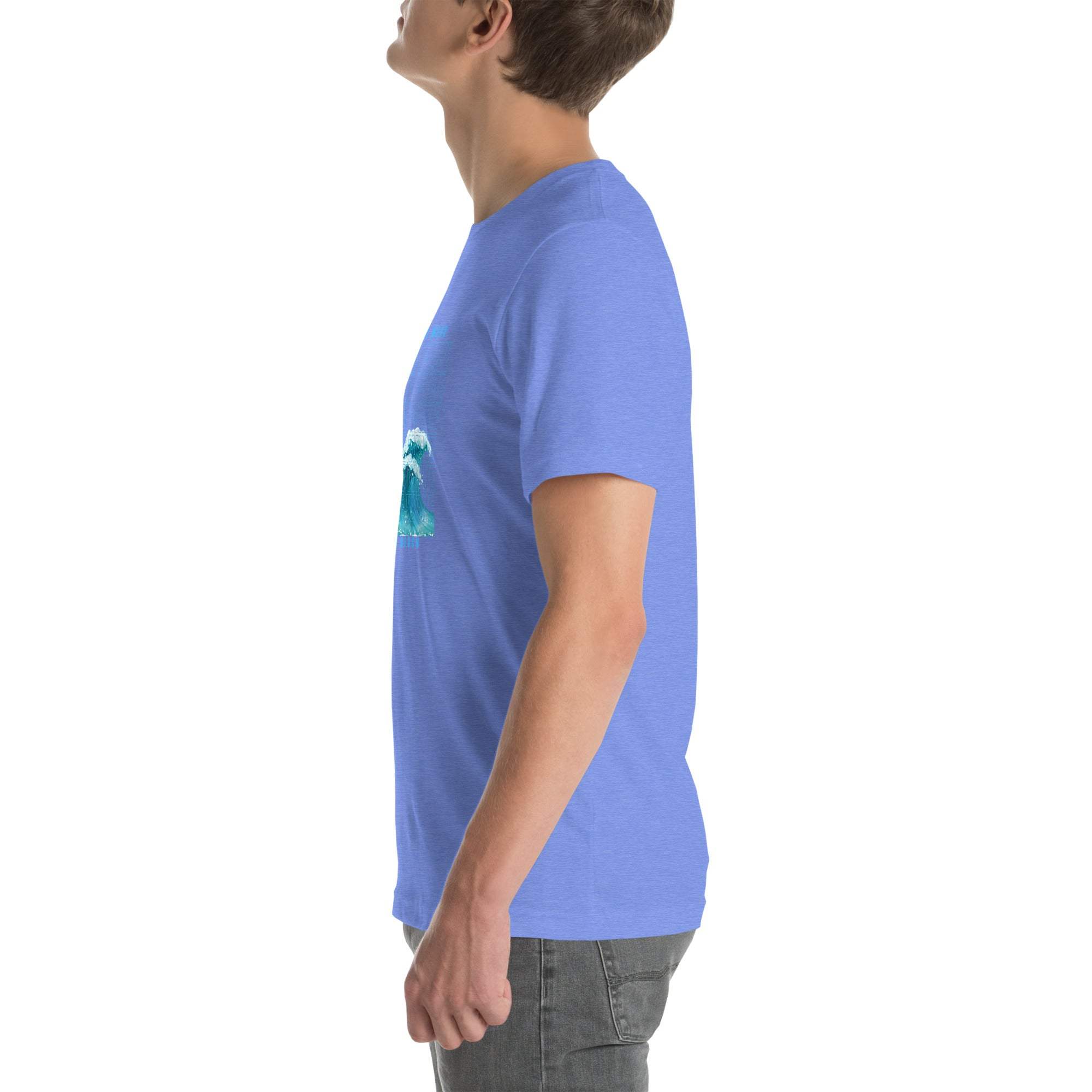 Side view of a man wearing a blue Ride the Wave T-Shirt with a wave design