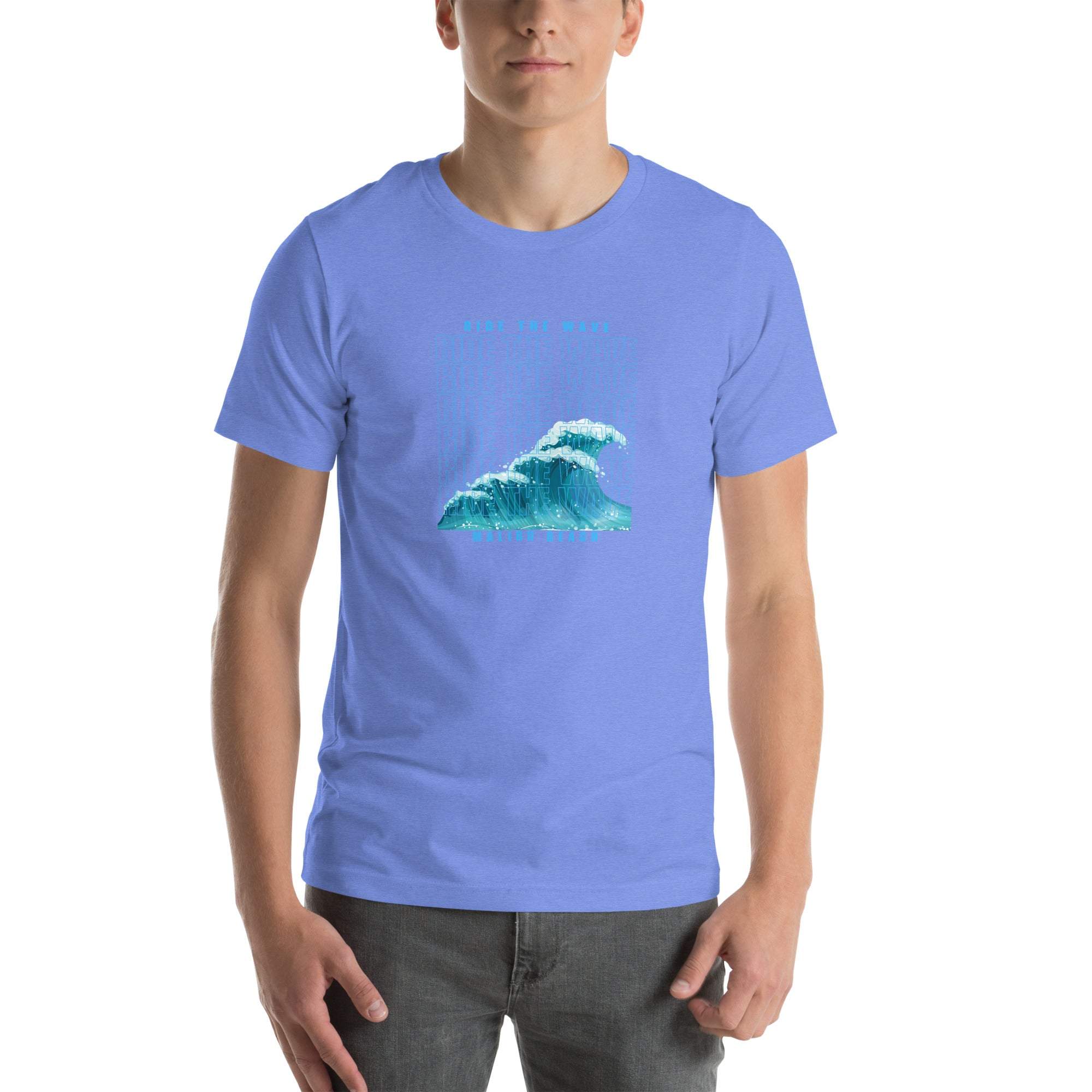 Unisex Ride the Wave T-Shirt with retro wave design in soft blue cotton
