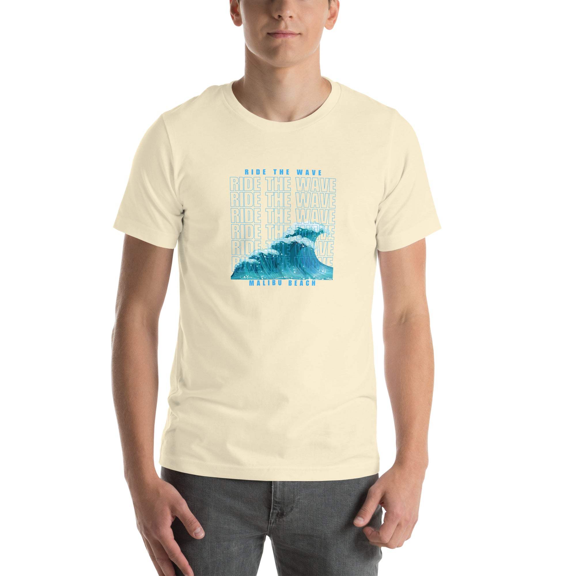 Cream Ride the Wave T-Shirt with blue retro wave design on front worn by man