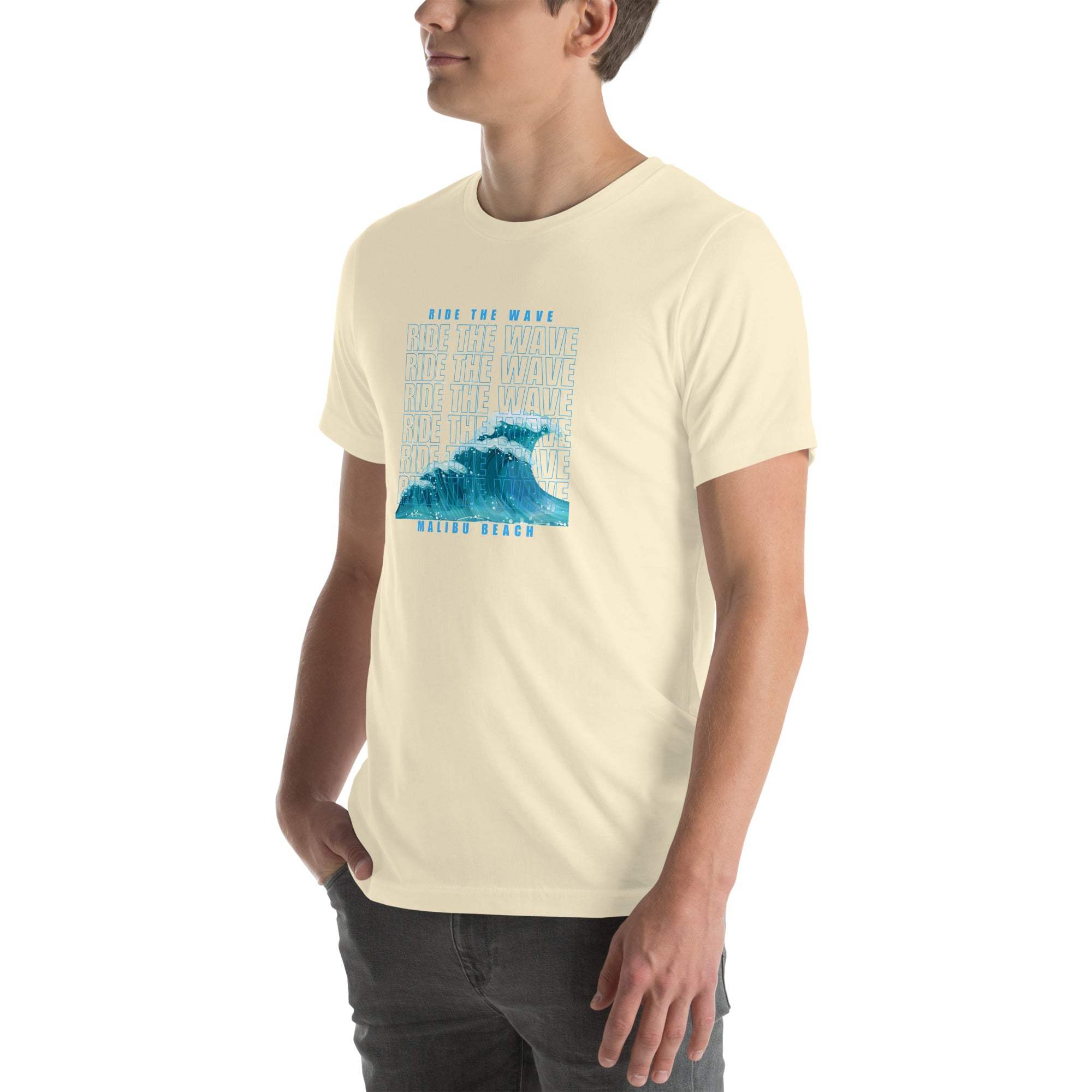 Unisex Ride the Wave T-Shirt with retro wave design, soft cotton, and casual beach style