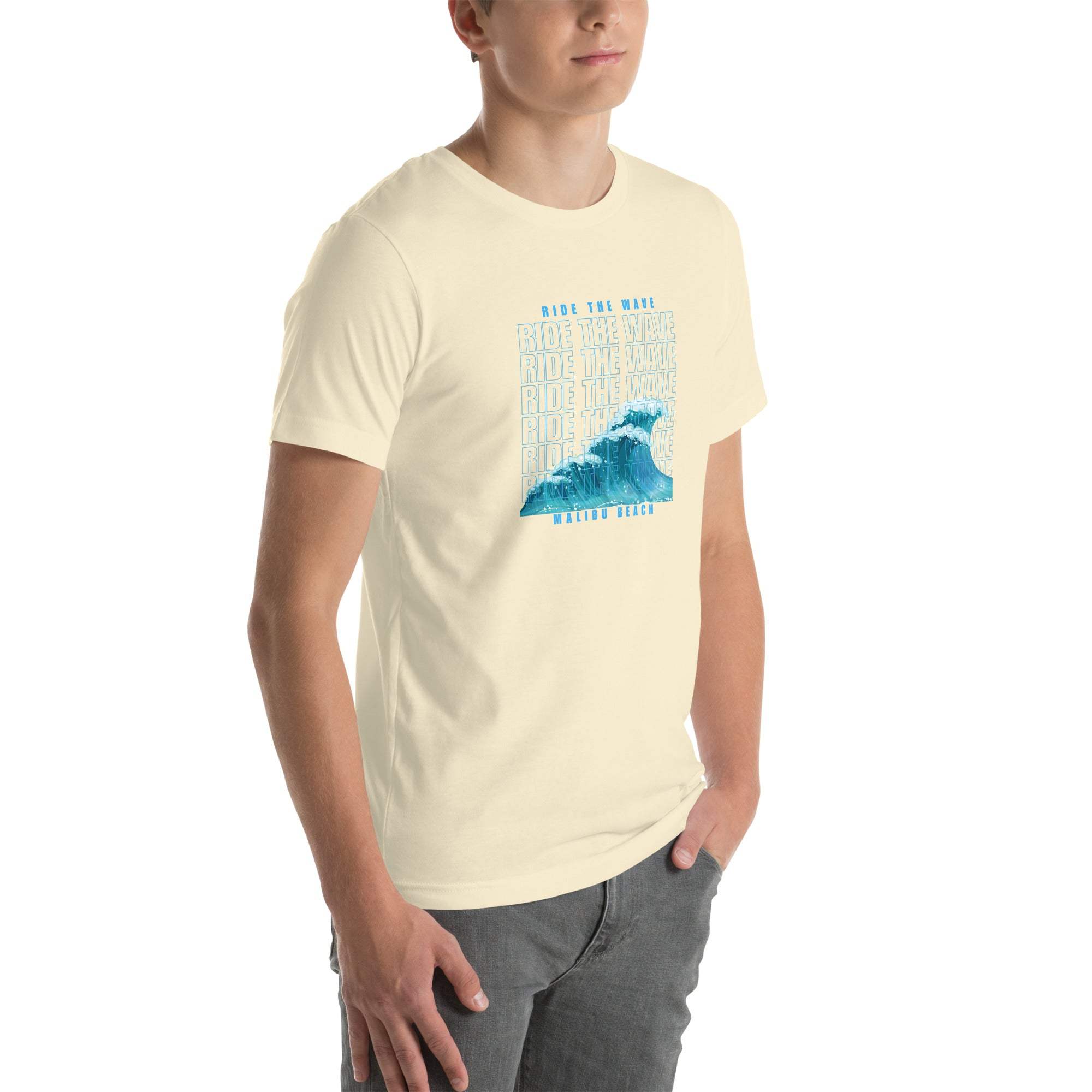 Unisex Ride the Wave T-Shirt with retro blue wave design, soft cotton fabric, perfect for surfers and beach lovers
