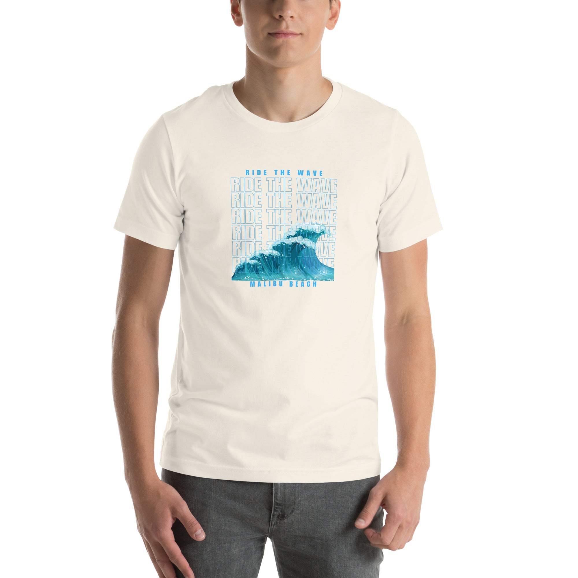 Unisex Ride the Wave T-Shirt with blue wave graphic, soft cotton fabric, and retro coastal design for surfers and ocean lovers.