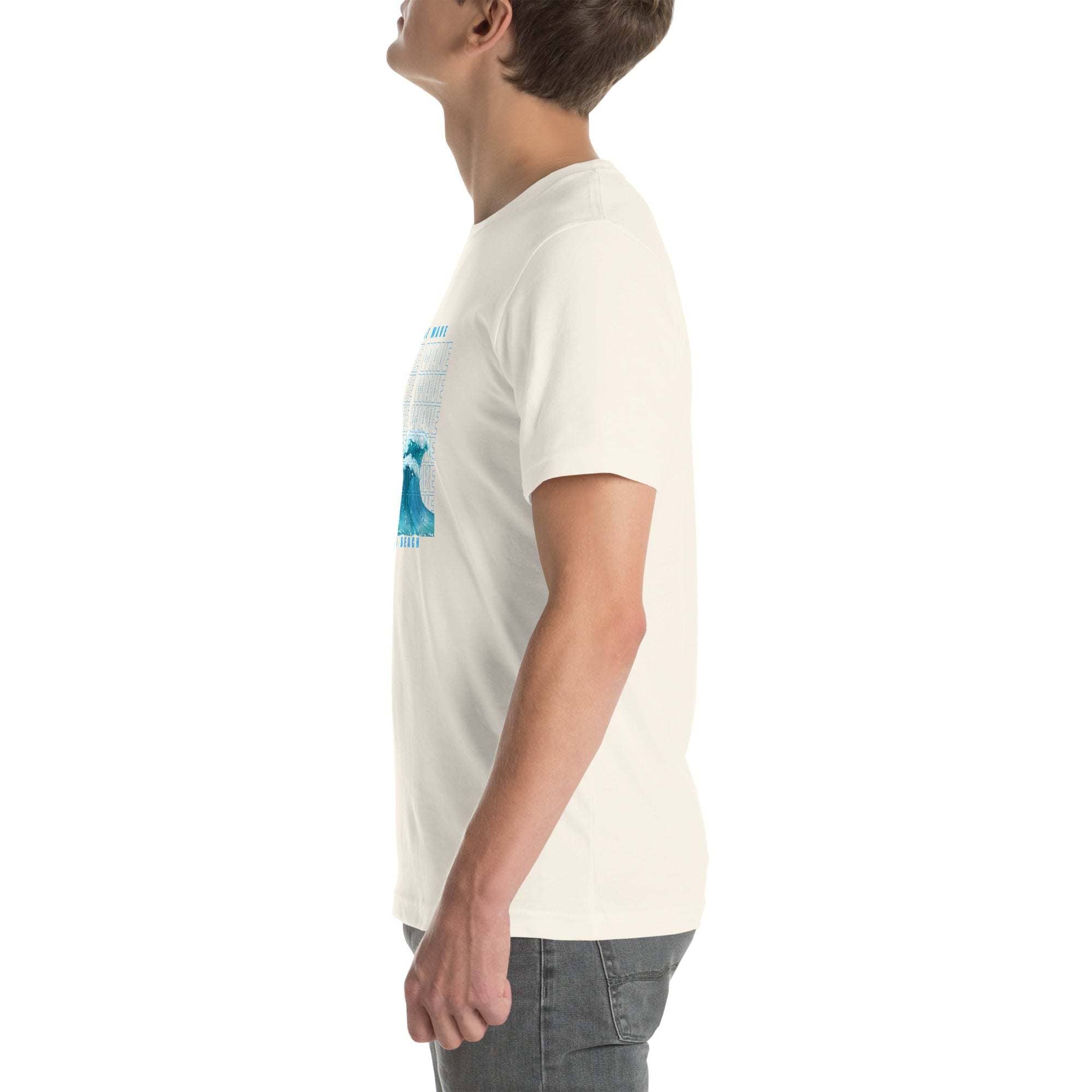 Side view of man wearing white Ride the Wave T-Shirt with blue wave design