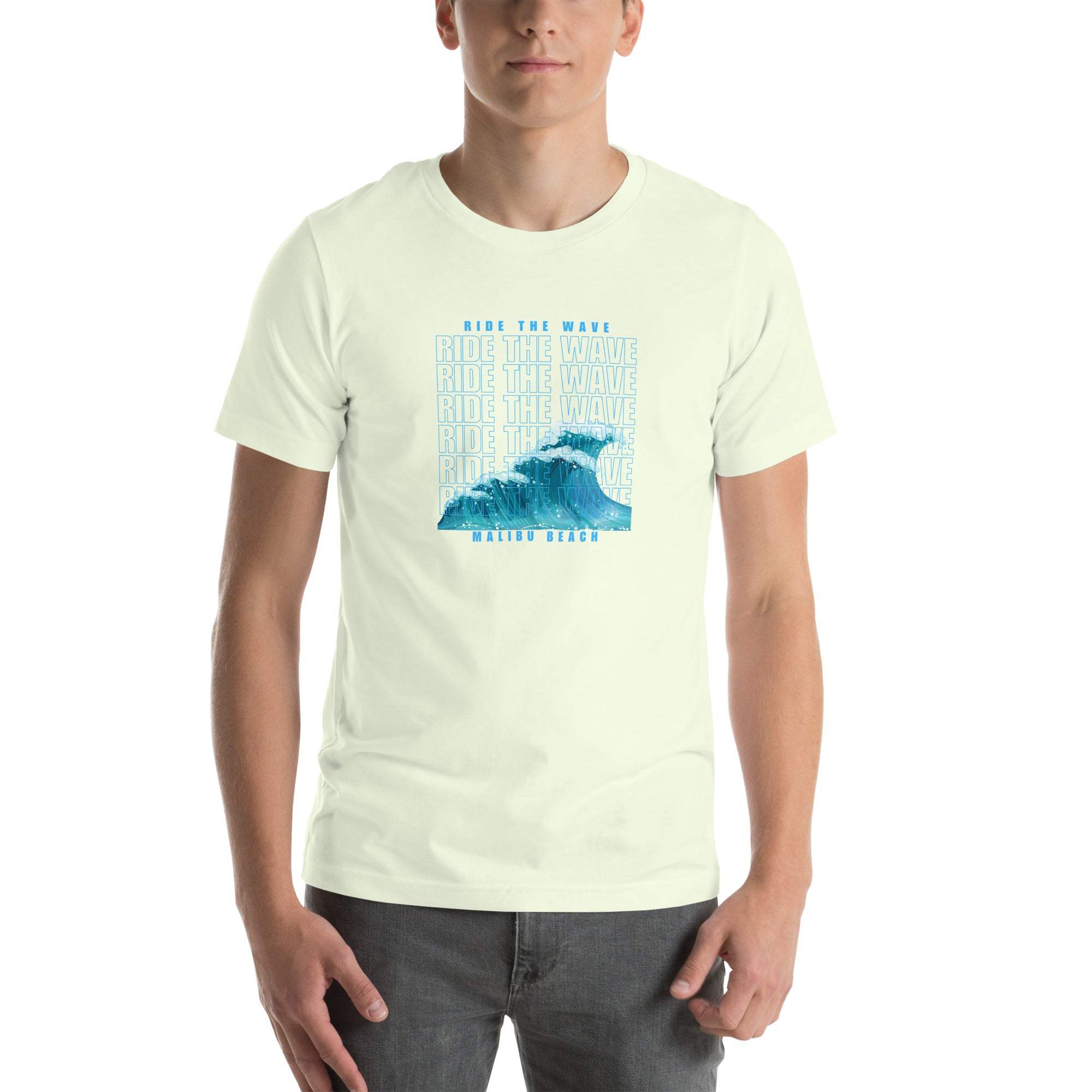 Unisex Ride the Wave T-Shirt with blue wave design in soft cotton for beach lovers and surfers