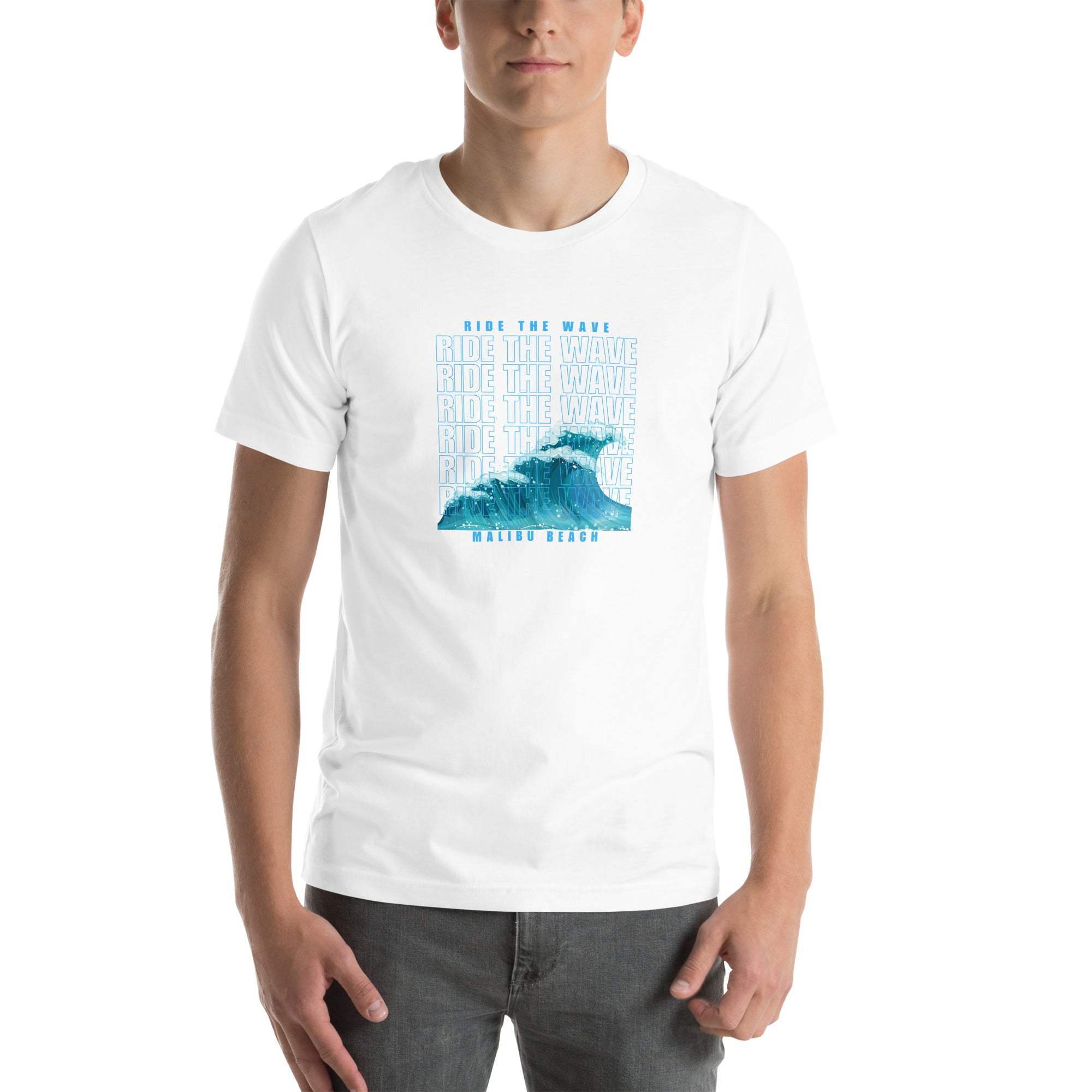 White Ride the Wave T-Shirt with blue wave graphic and text, unisex fit, soft cotton material, casual ocean-inspired style