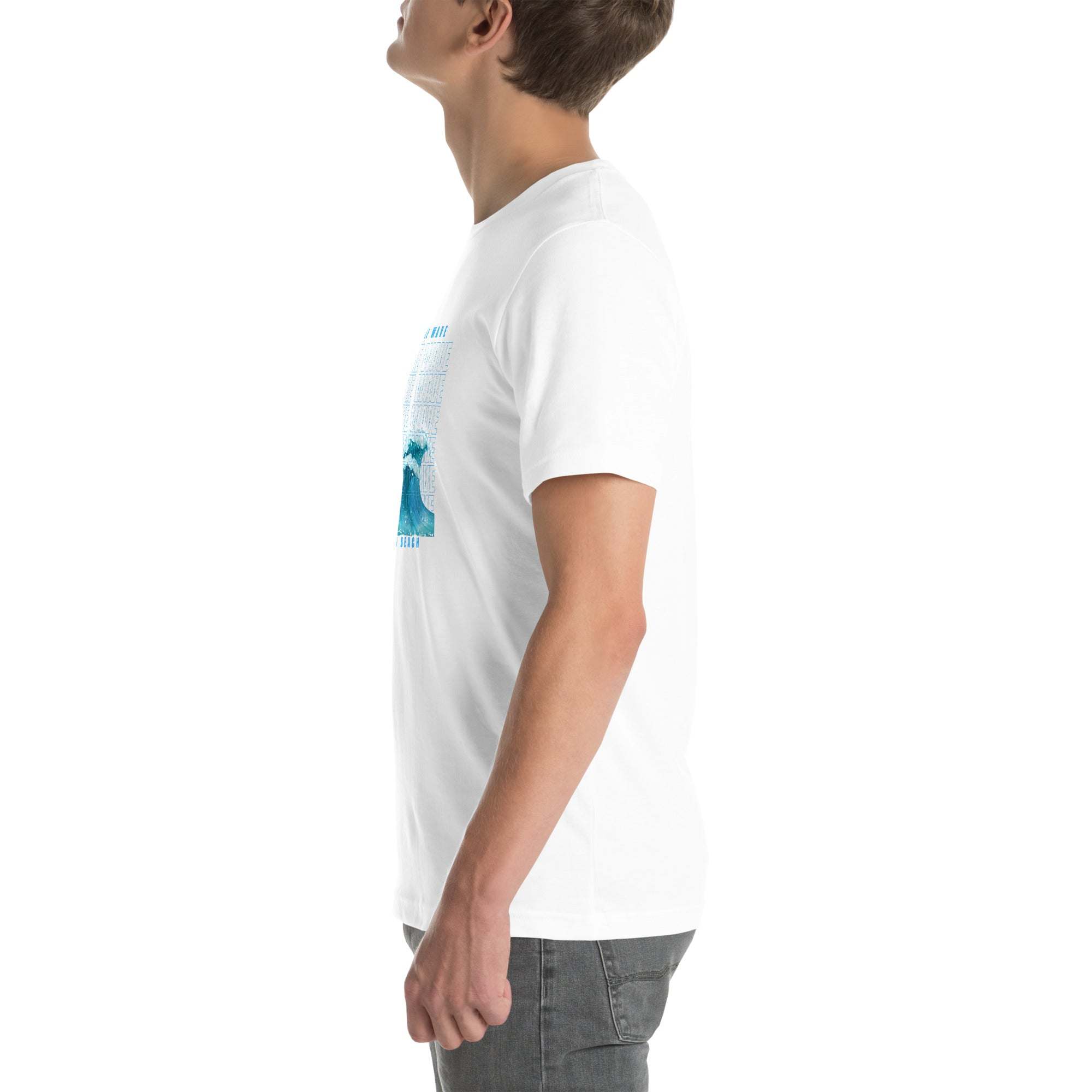 Man wearing white Ride the Wave T-Shirt with blue wave graphic, side view