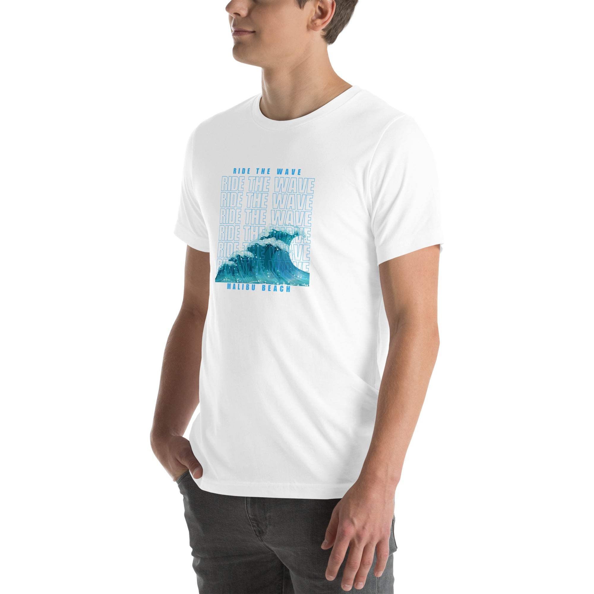 white Ride the Wave T-Shirt with blue wave graphic worn by man in casual pose