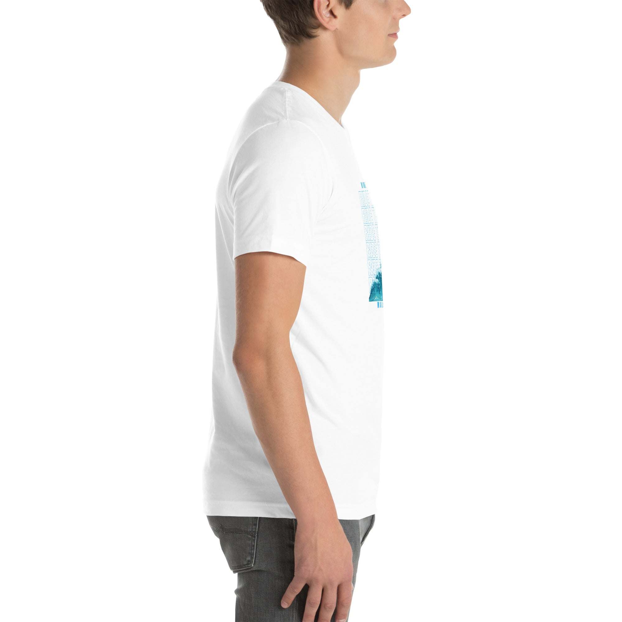 Side view of a man wearing a white Ride the Wave T-Shirt with a wave-inspired design, paired with dark jeans, showcasing the shirt's unisex fit and casual style.