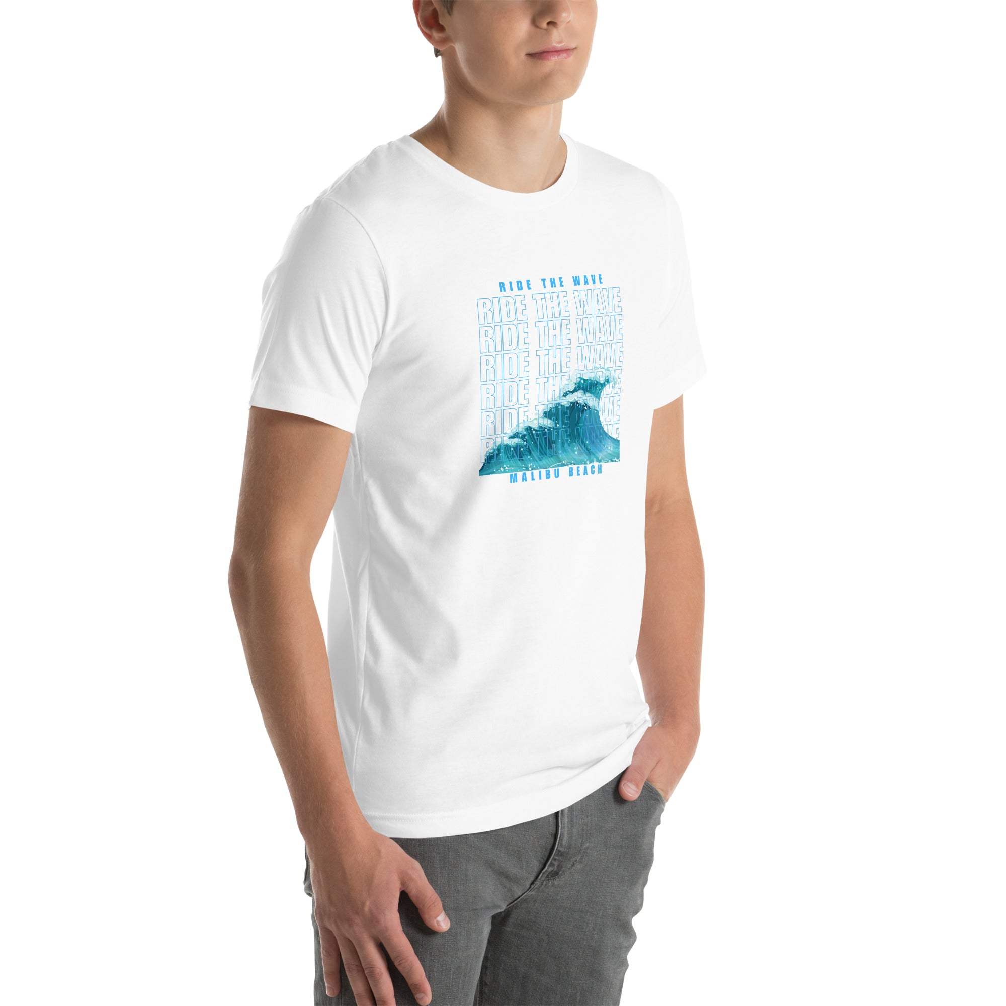 White Ride the Wave T-Shirt with blue wave graphic, unisex surfer style tee, soft breathable cotton, casual beachwear
