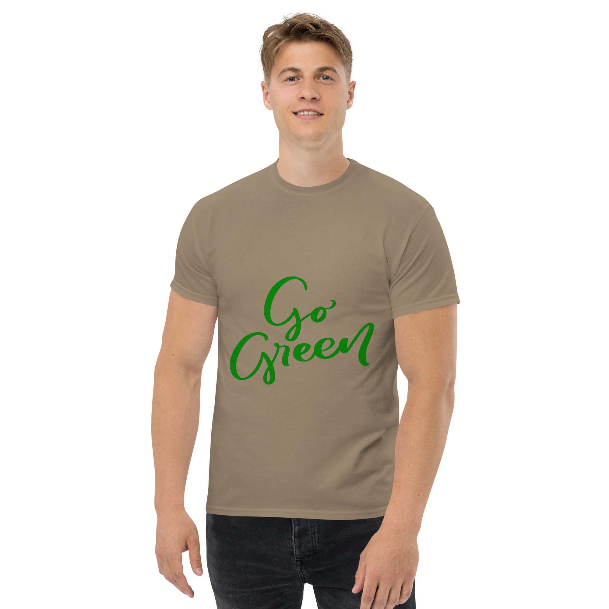 Man wearing a brown Go Green T-Shirt with green eco-friendly slogan text.