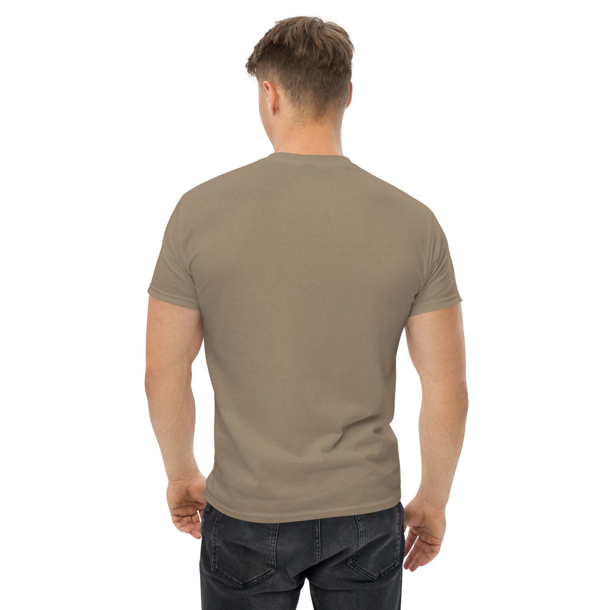 Back view of a man wearing a plain eco-friendly Go Green T-Shirt in brown with short sleeves and black jeans
