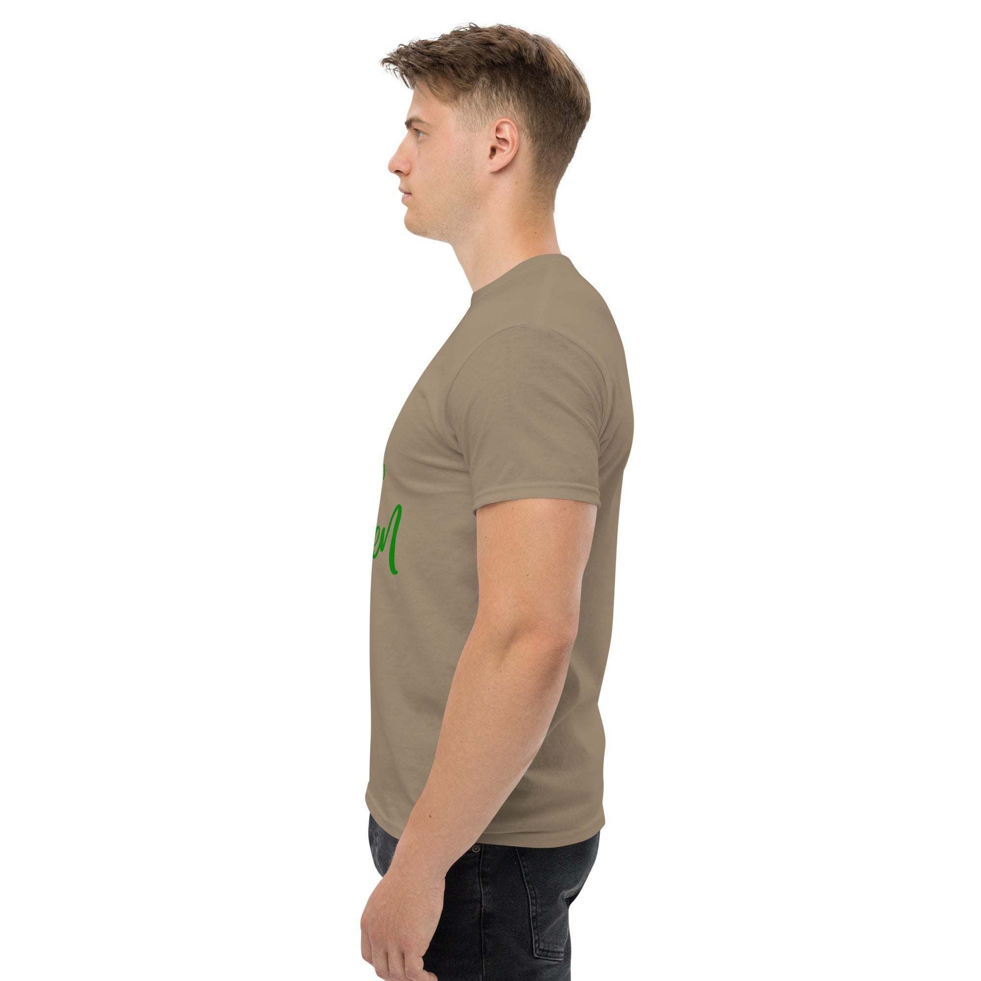 Side view of a man wearing a brown Go Green Eco-Friendly T-Shirt made from sustainable materials with a minimalist design