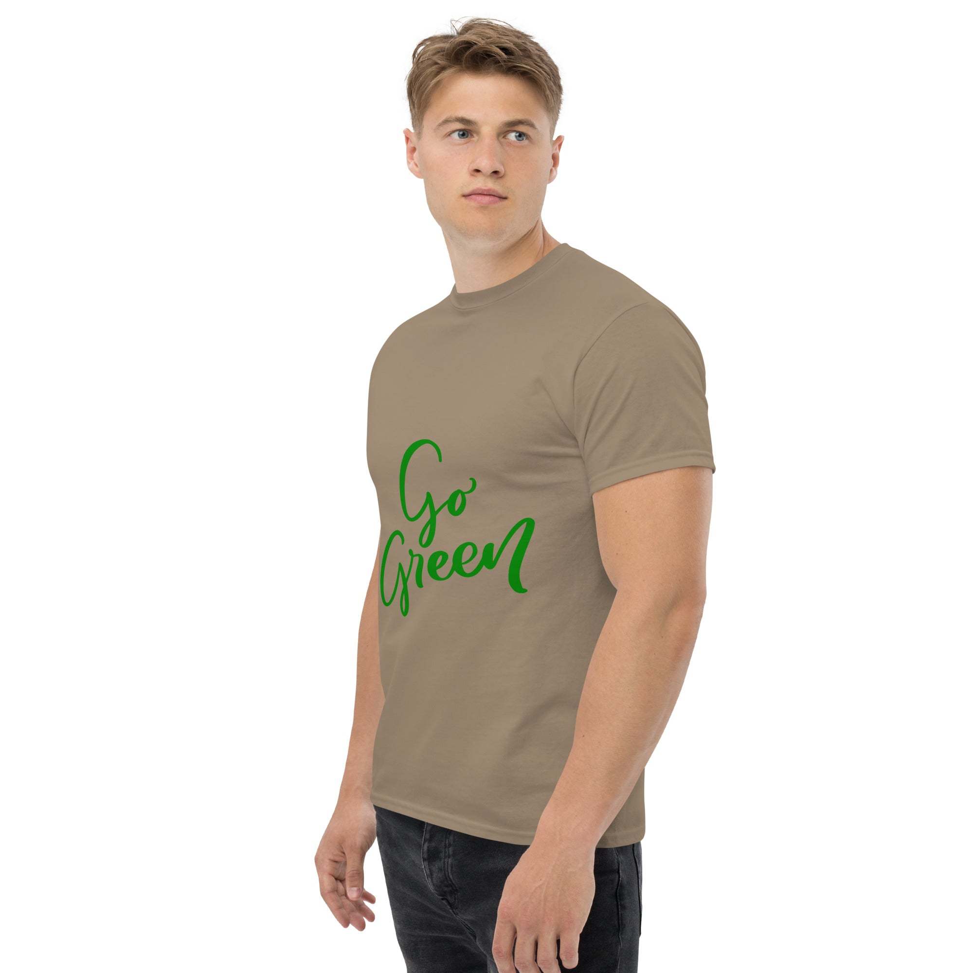 Man wearing Go Green T-Shirt made from sustainable materials with green text print promoting eco-friendly message