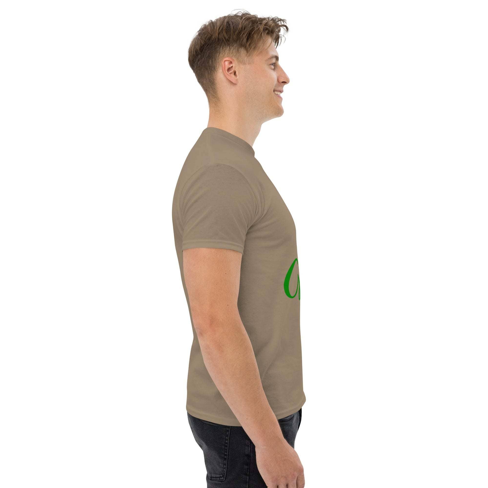 Side view of man wearing beige Go Green T-Shirt made from sustainable materials showcasing eco-friendly fashion