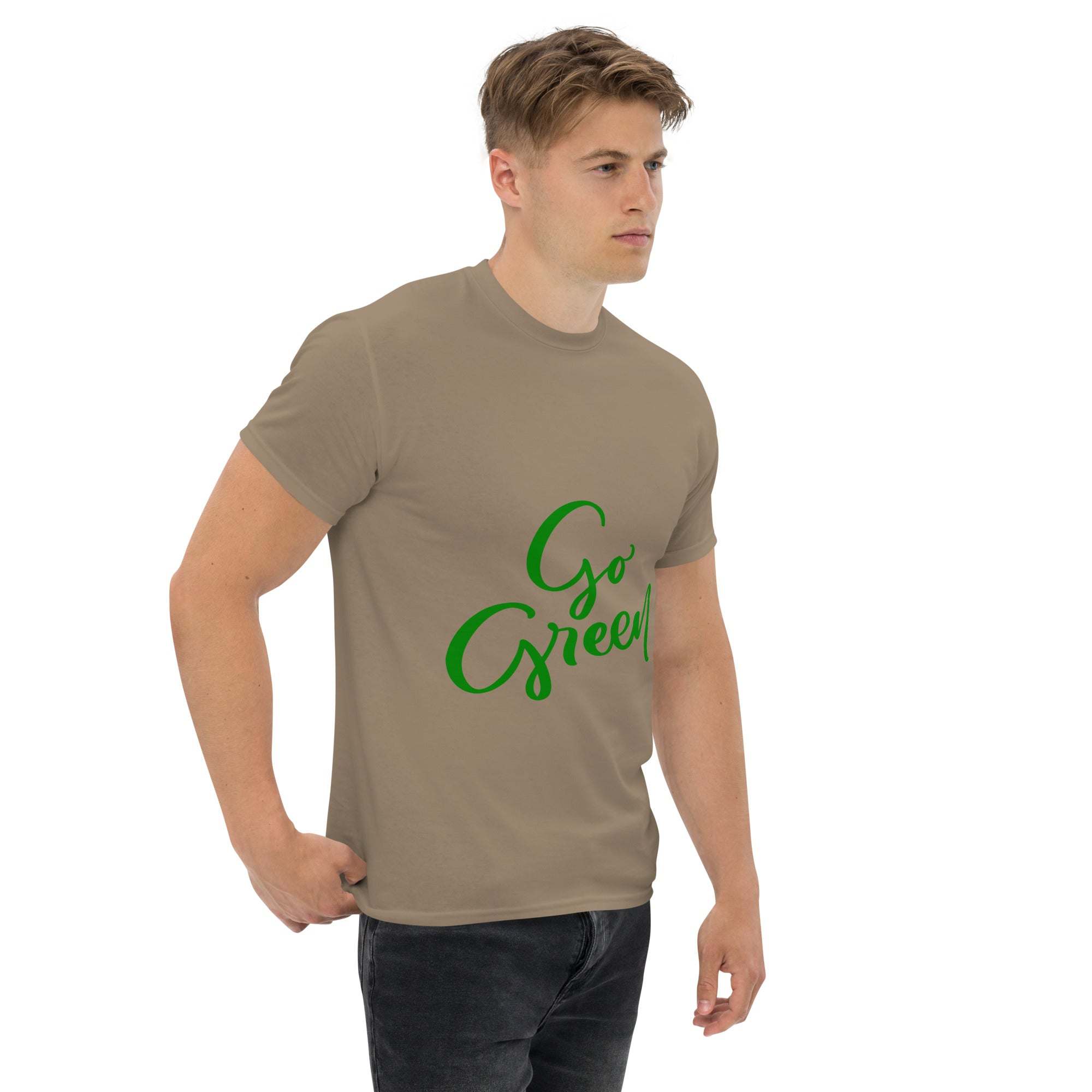 Man wearing taupe Go Green T-Shirt with green eco-friendly text, sustainable fashion tee