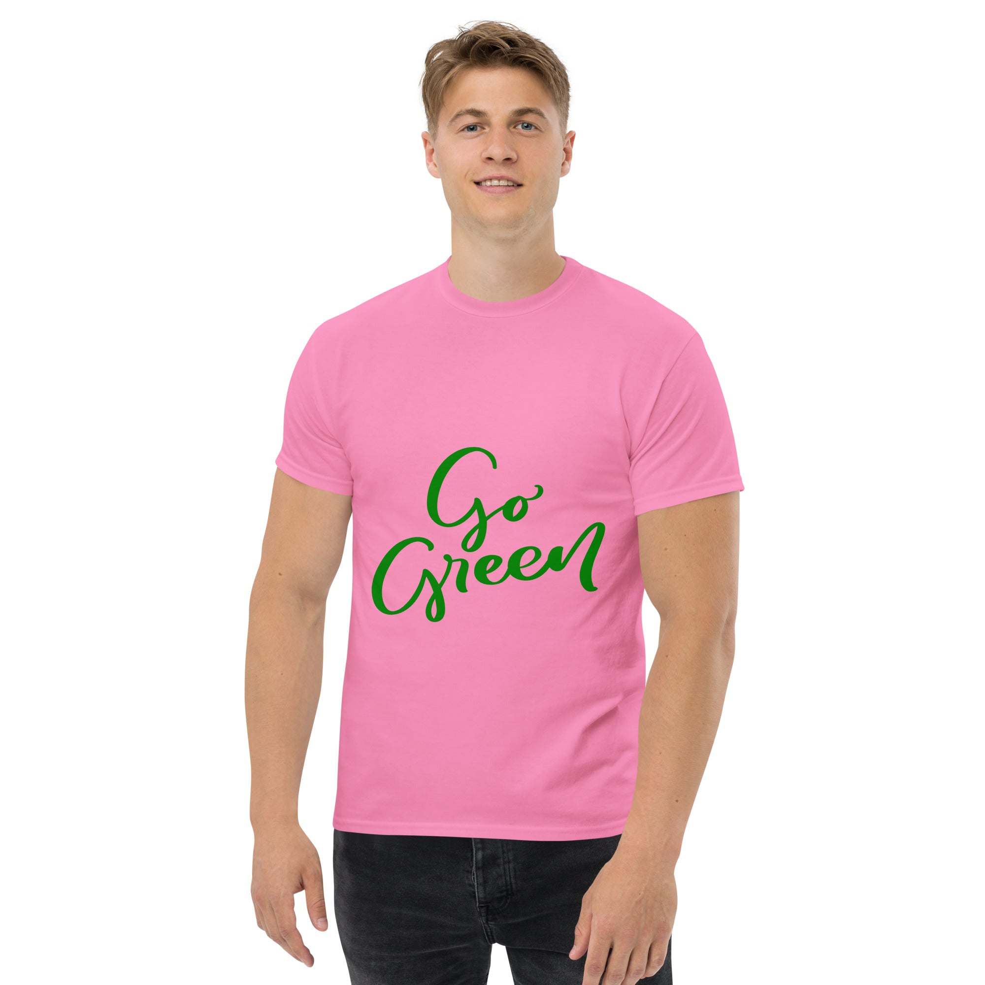 man wearing pink eco-friendly Go Green T-Shirt with green text design
