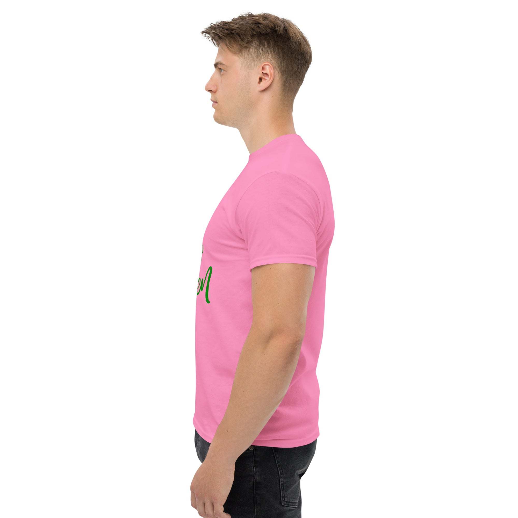 Side view of a man wearing a pink Go Green T-Shirt made from sustainable materials.