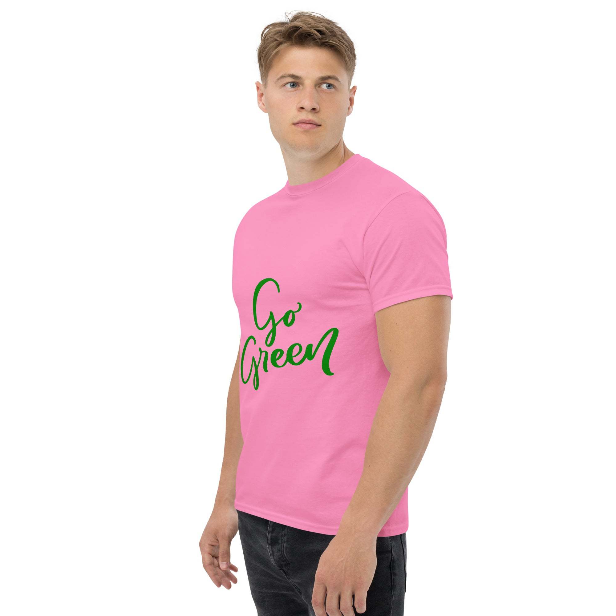 Man wearing pink Go Green T-Shirt with eco-friendly slogan in green text