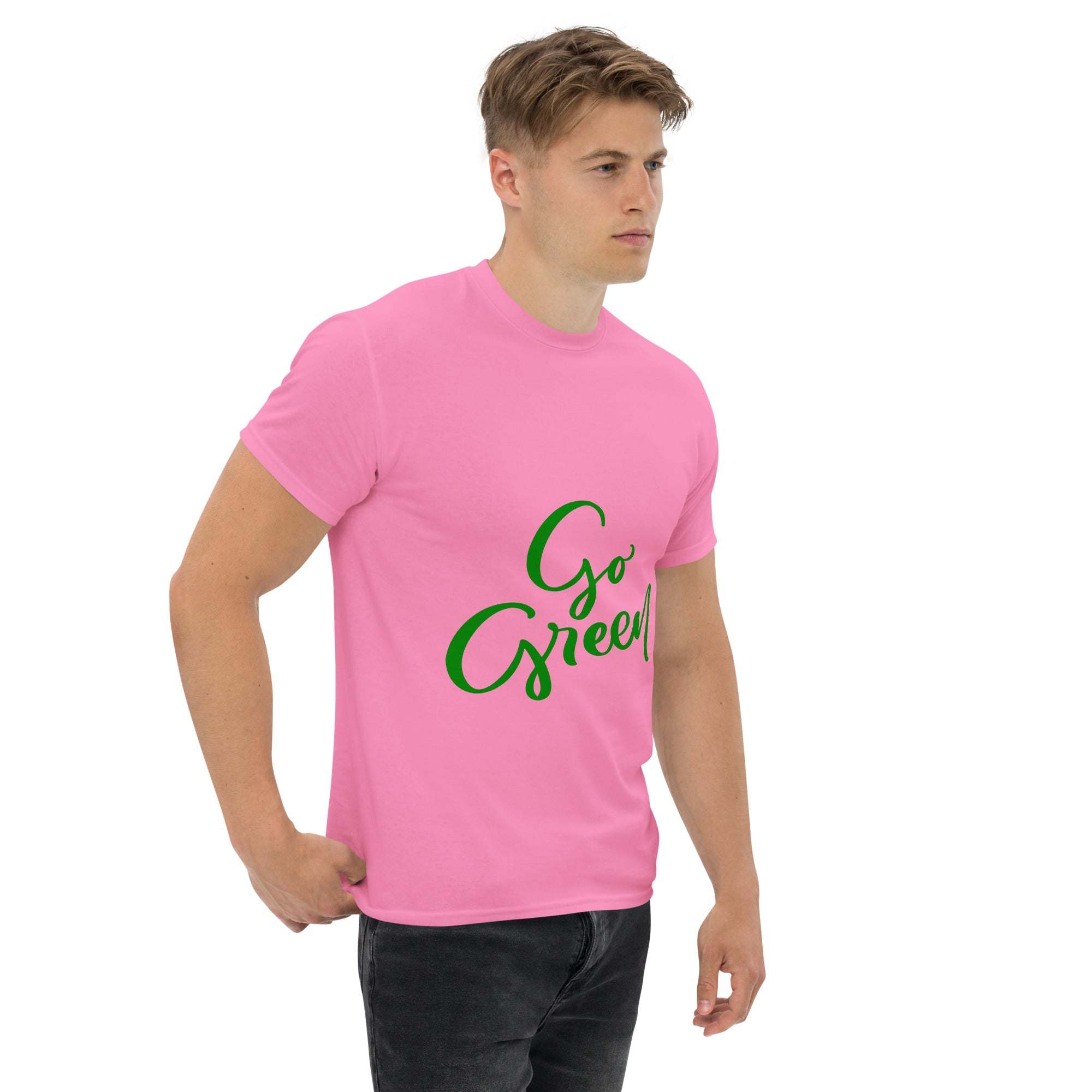 male model wearing pink Go Green T-Shirt made from sustainable materials with eco-friendly message