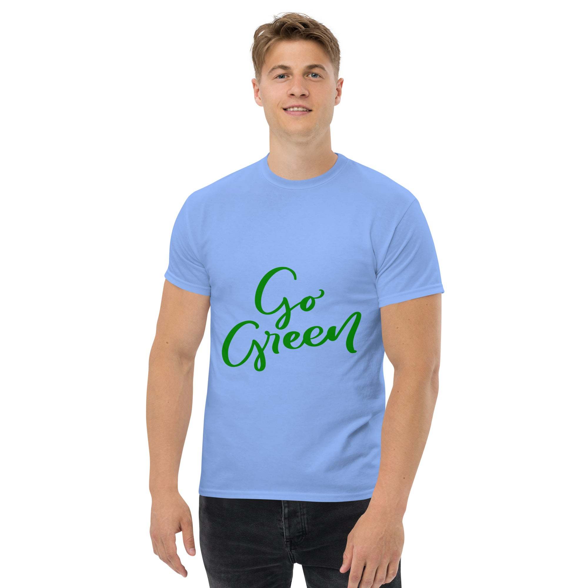 Man wearing light blue Go Green T-Shirt with green eco-friendly slogan text