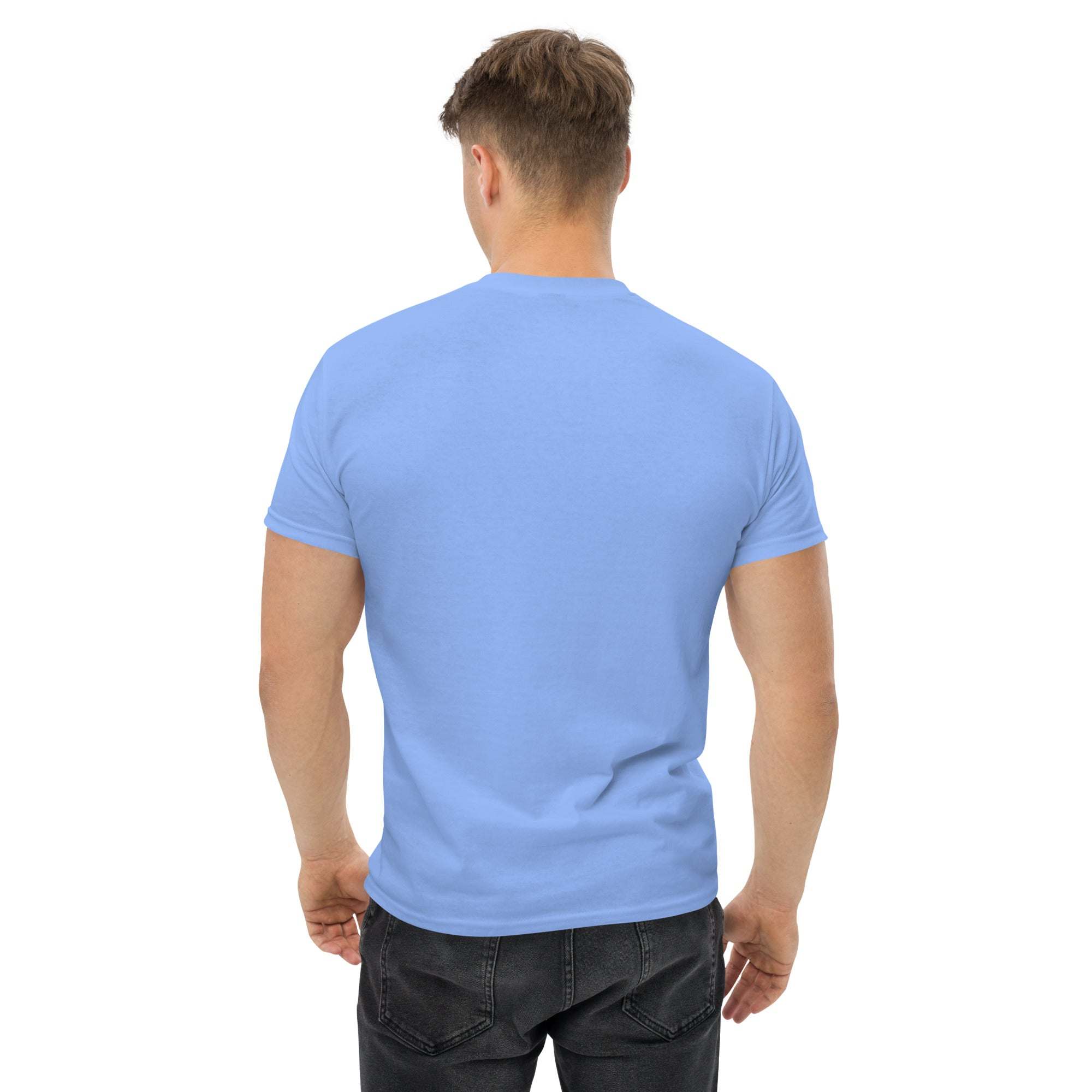 Back view of a man wearing a light blue Go Green T-Shirt made from sustainable materials