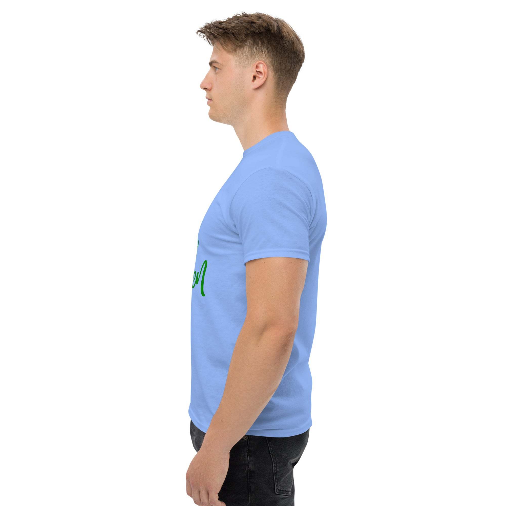 Side view of man wearing light blue Go Green T-Shirt made from sustainable materials promoting eco-friendly fashion
