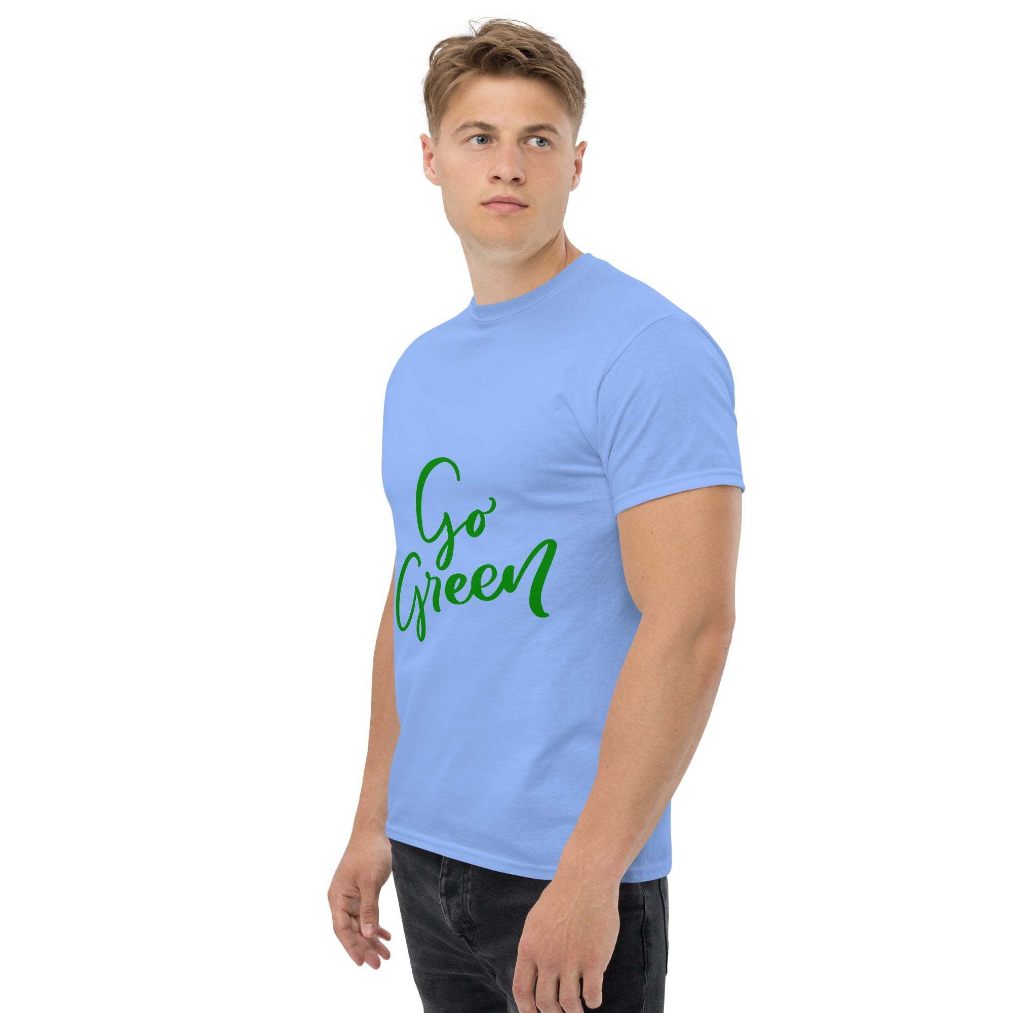 Man wearing blue Go Green T-Shirt made from sustainable materials with green text design