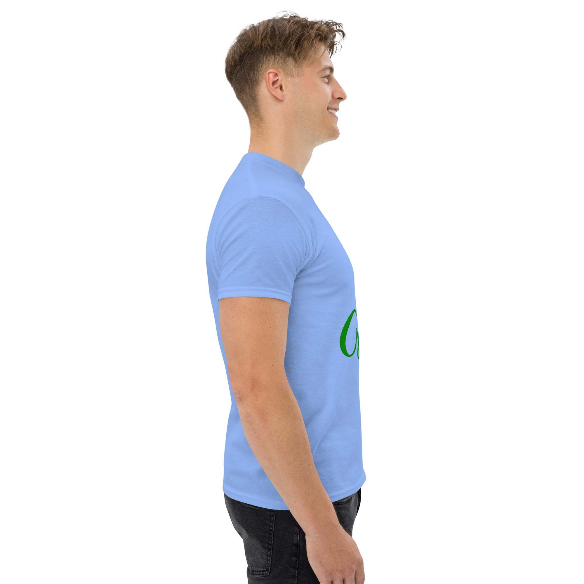 Side view of a man wearing a light blue Go Green T-Shirt made from sustainable materials with eco-friendly design