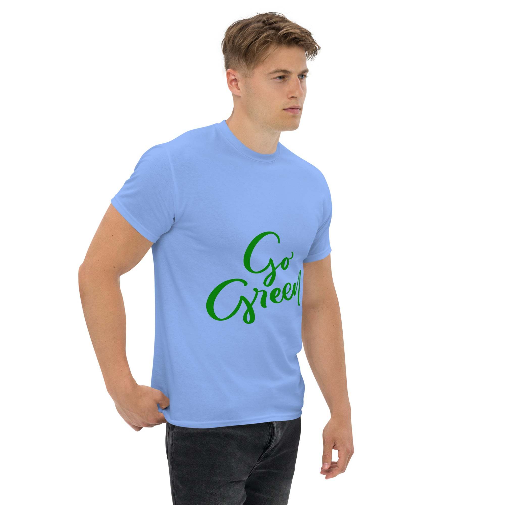 Young man wearing a blue Go Green T-shirt promoting eco-friendly and sustainable fashion