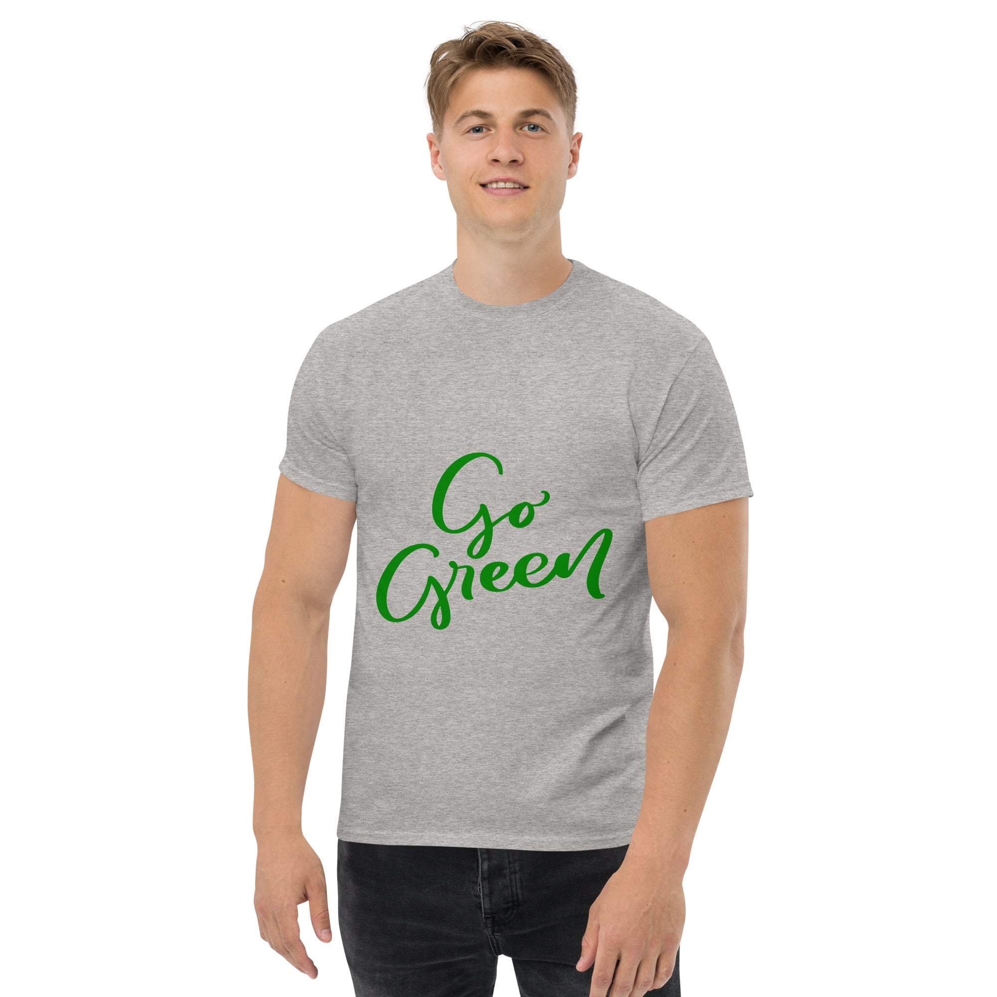 Man wearing gray eco-friendly Go Green T-Shirt with green text logo