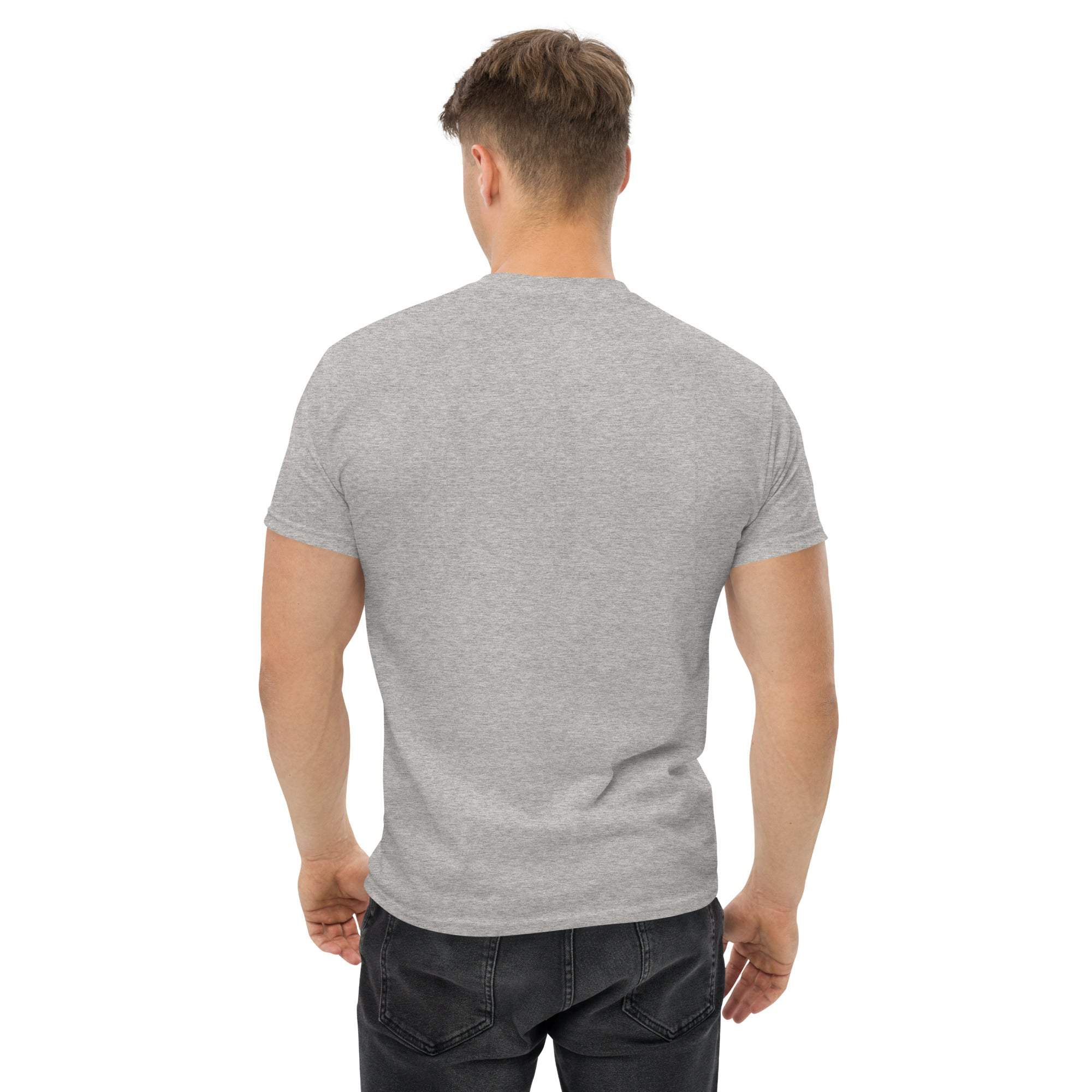 Back view of man wearing grey Go Green eco-friendly T-shirt made from sustainable materials