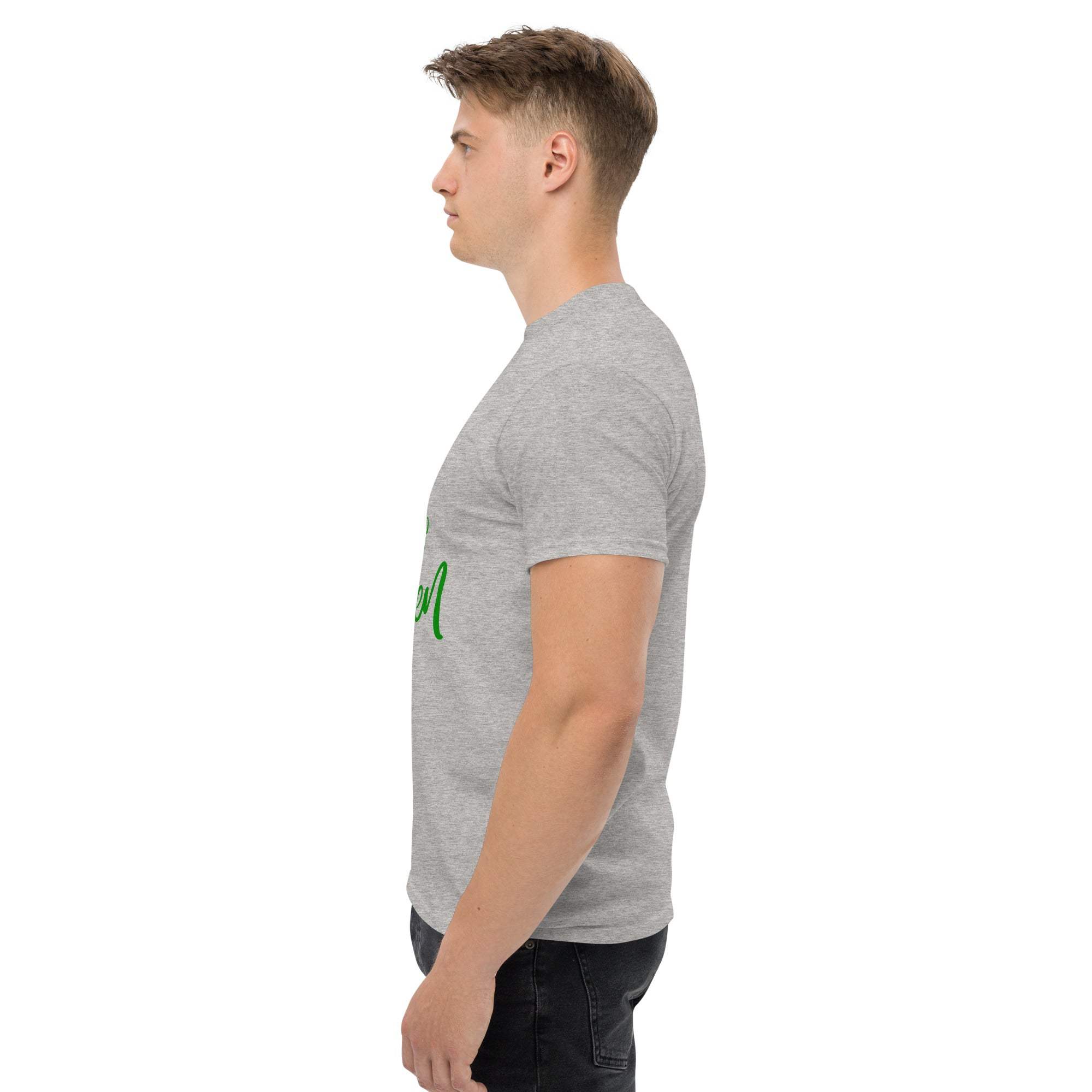 Side view of a man wearing a gray Go Green T-Shirt made from sustainable materials, showcasing eco-friendly fashion.