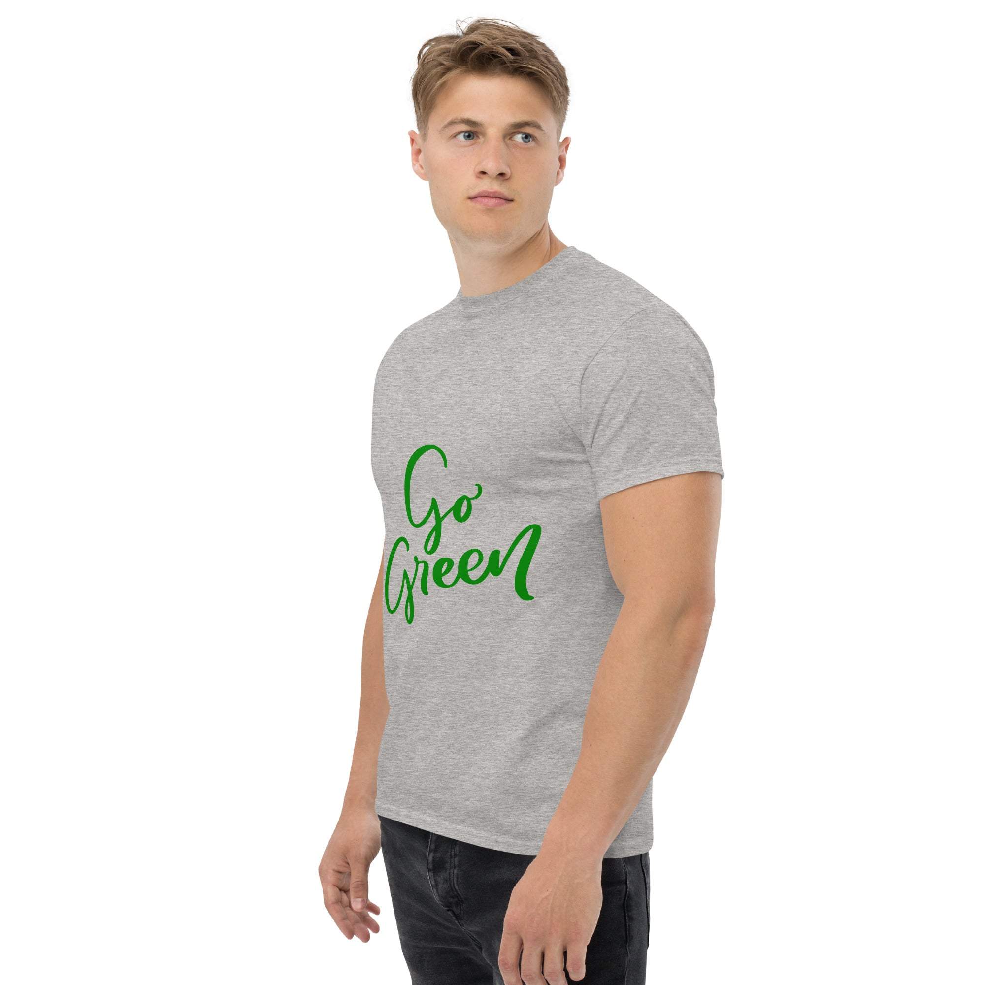 Man wearing grey Go Green T-Shirt with green eco-friendly text design