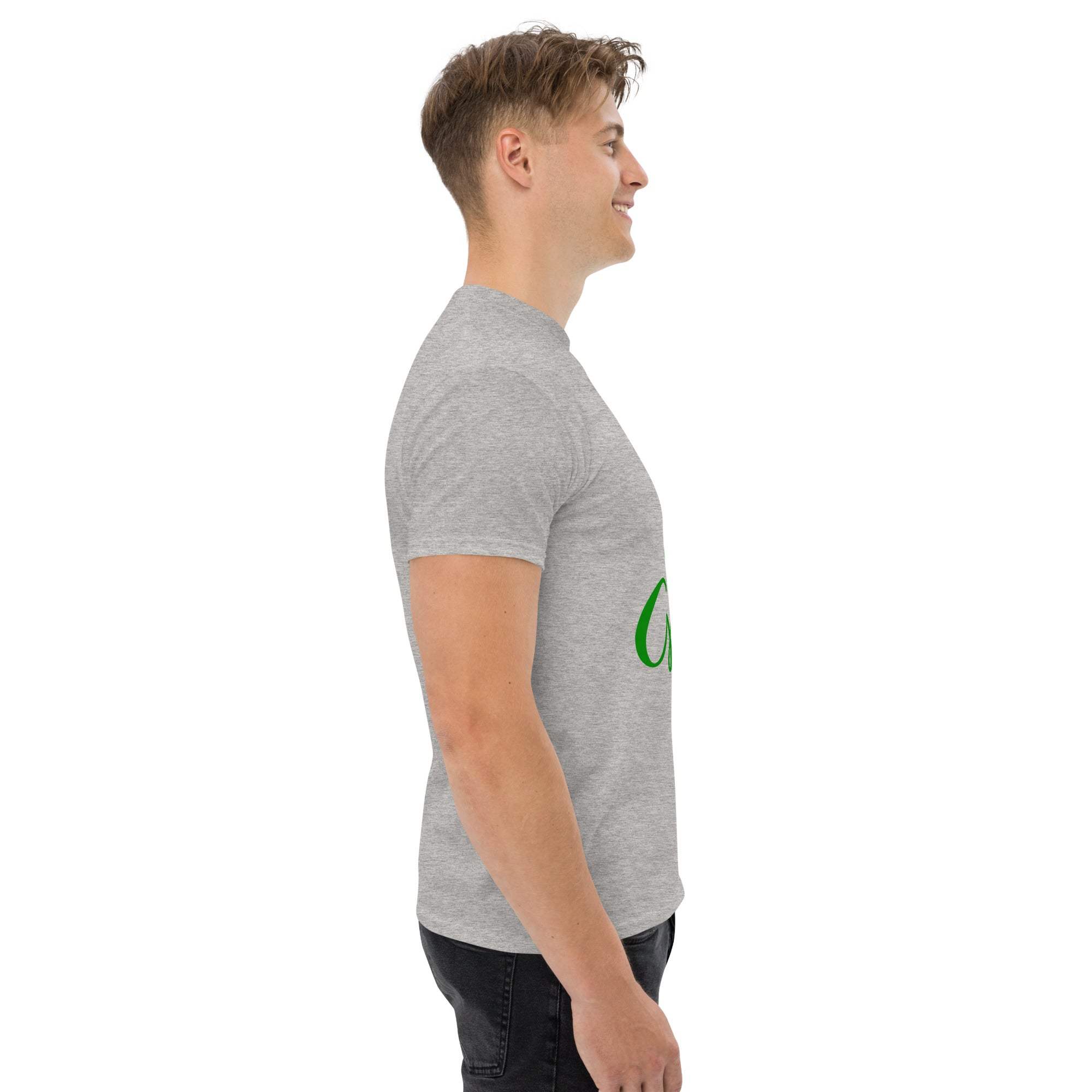 Side view of a man wearing a gray Go Green Eco-Friendly T-Shirt made from sustainable materials
