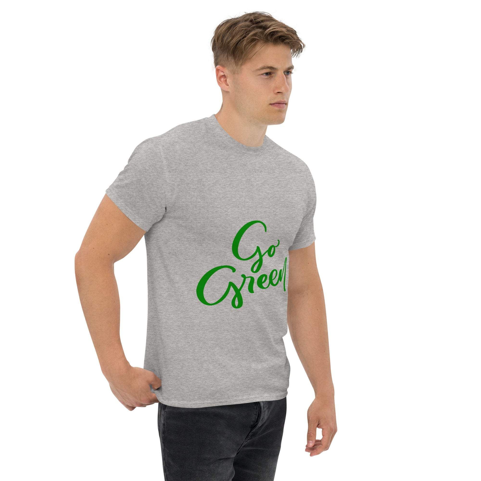 Man wearing a gray Go Green T-shirt made from sustainable materials with green text promoting environmental awareness