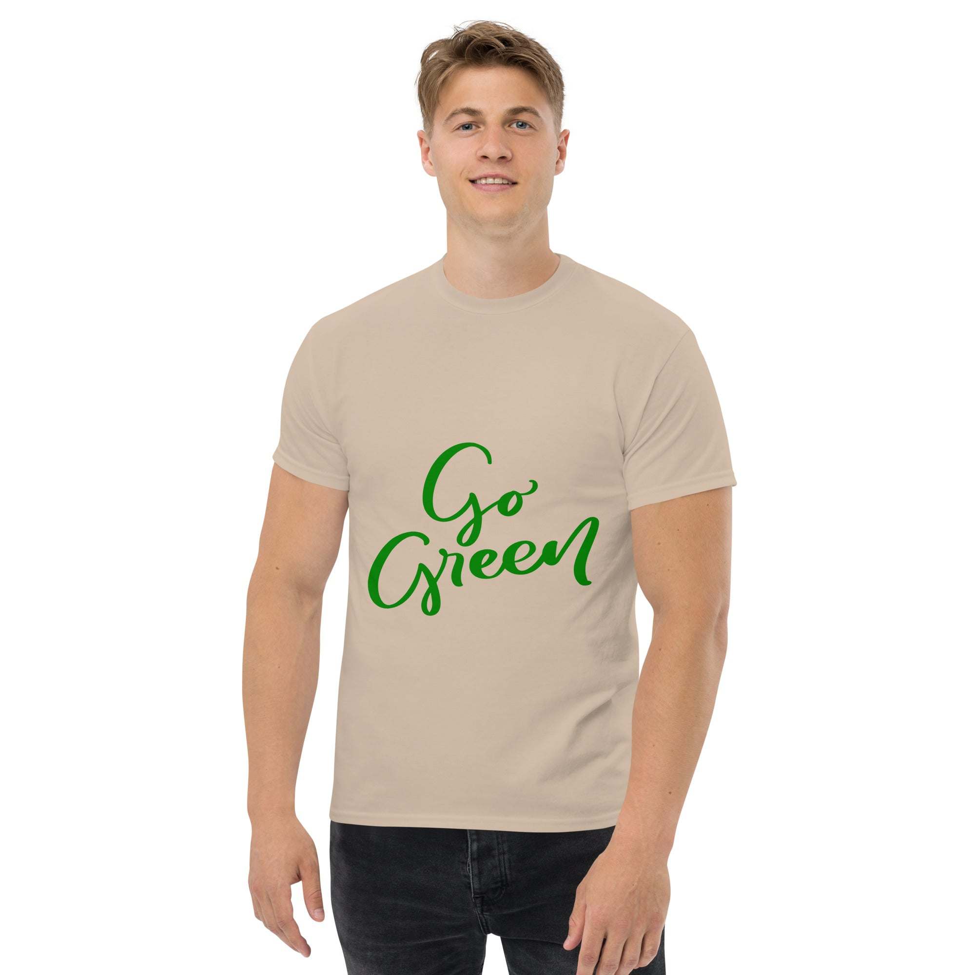 Man wearing beige eco-friendly Go Green T-Shirt with green text on front
