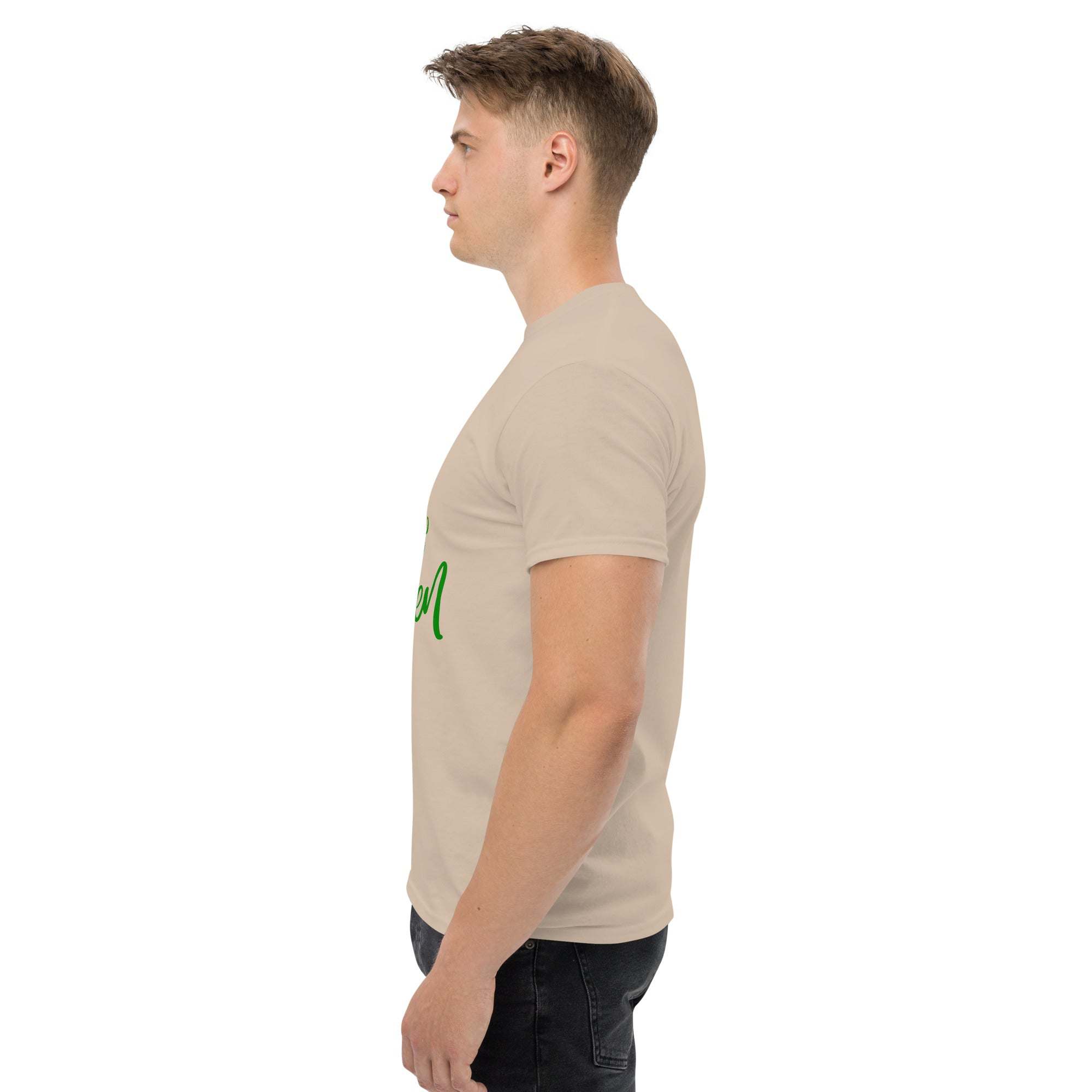 Side view of a man wearing a beige Go Green Eco-Friendly T-Shirt made from sustainable materials