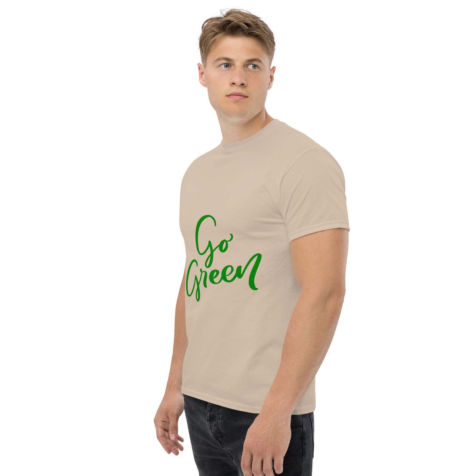 Man wearing beige Go Green T-Shirt with green eco-friendly text design