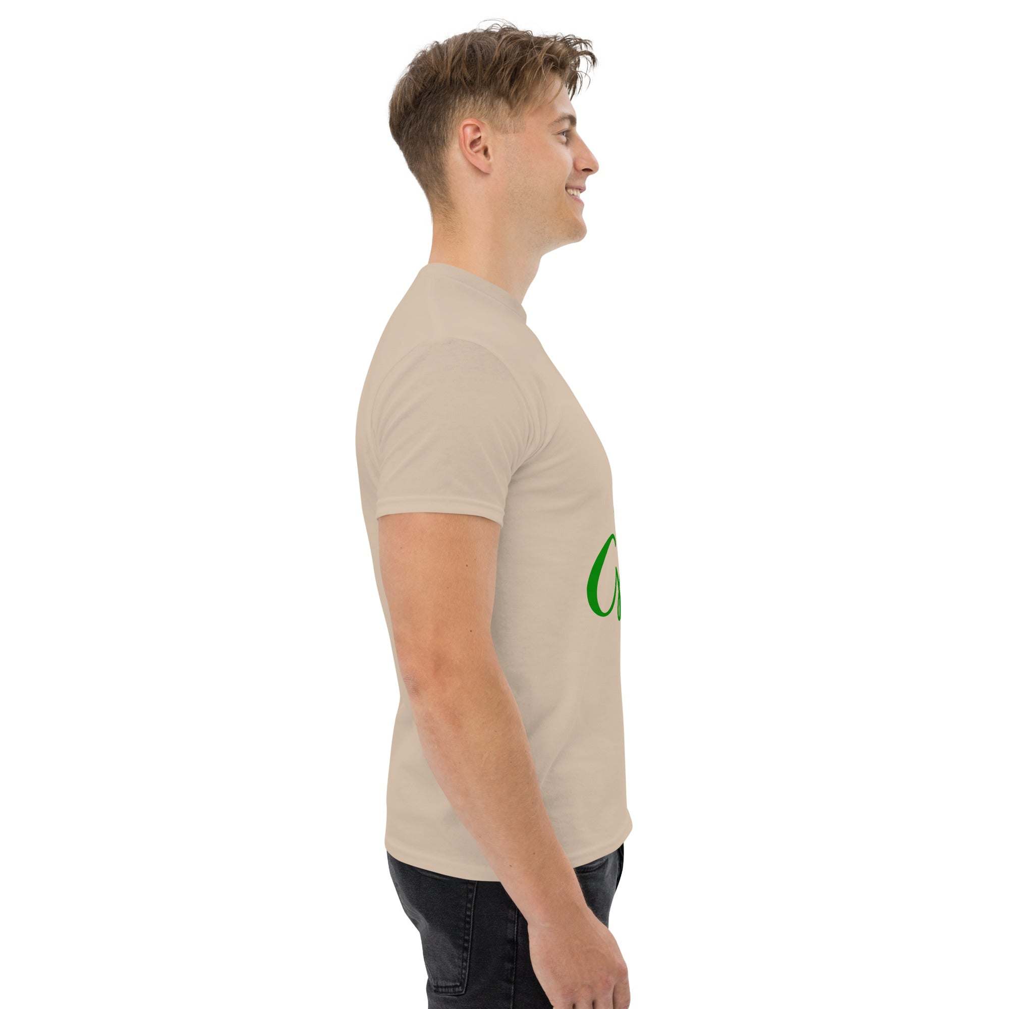 Side view of a man wearing a beige Go Green T-Shirt made from sustainable materials with eco-friendly design