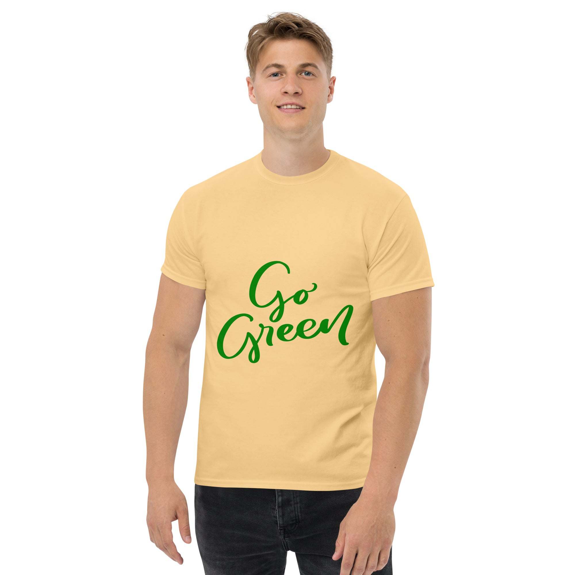 man wearing beige Go Green T-Shirt with green eco-friendly message text