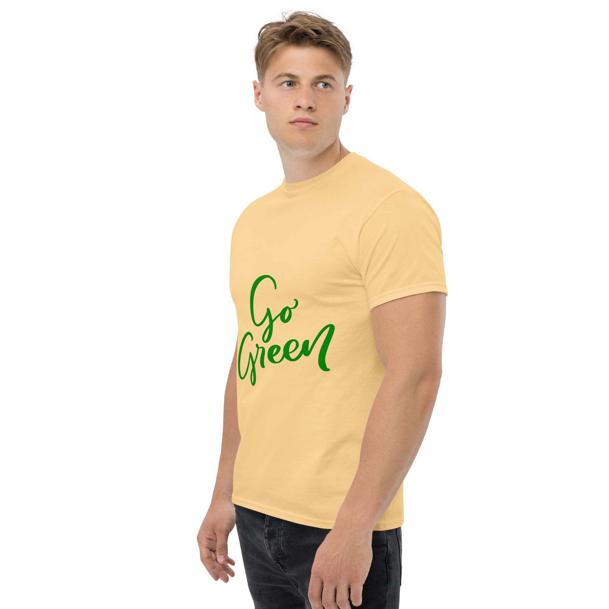 man wearing yellow Go Green T-Shirt made from sustainable materials with eco-friendly message