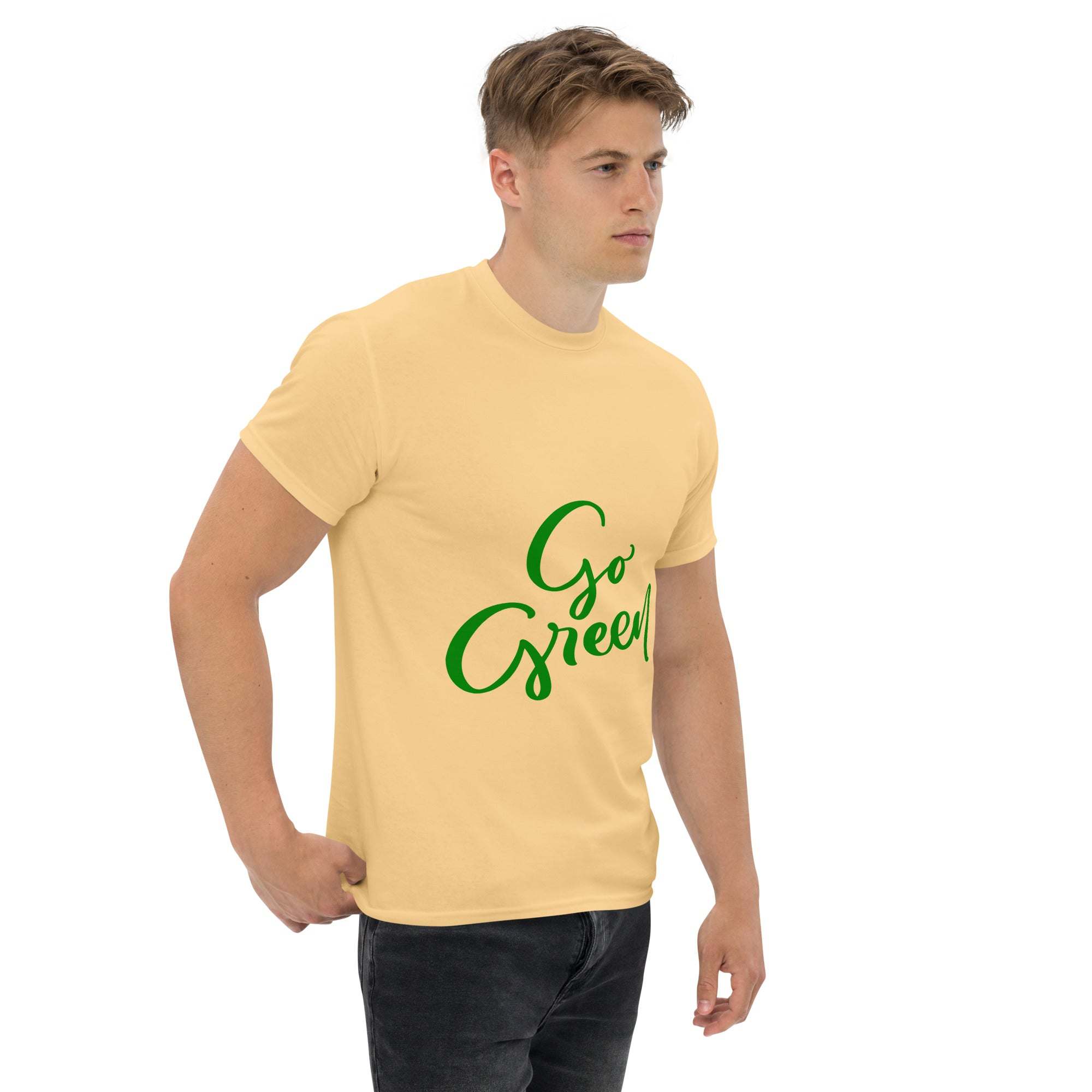 Man wearing beige Go Green T-Shirt with green eco-friendly message text