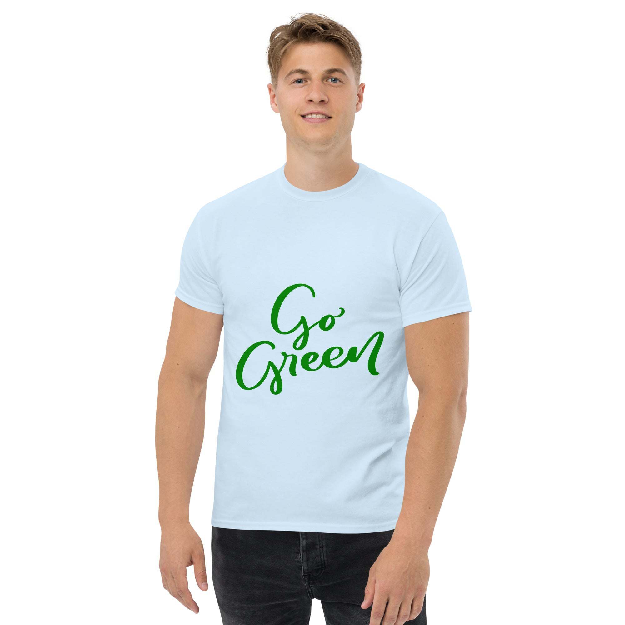 Man wearing white eco-friendly Go Green T-shirt with green text logo