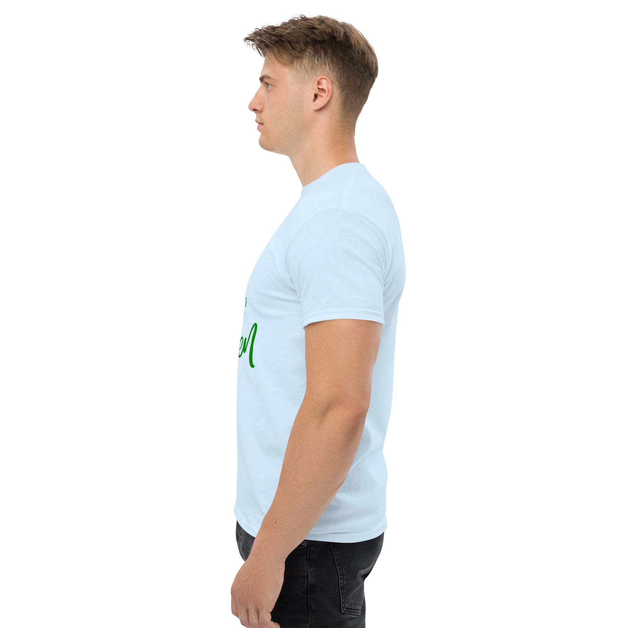 Side view of man wearing Go Green eco-friendly T-shirt made from sustainable materials