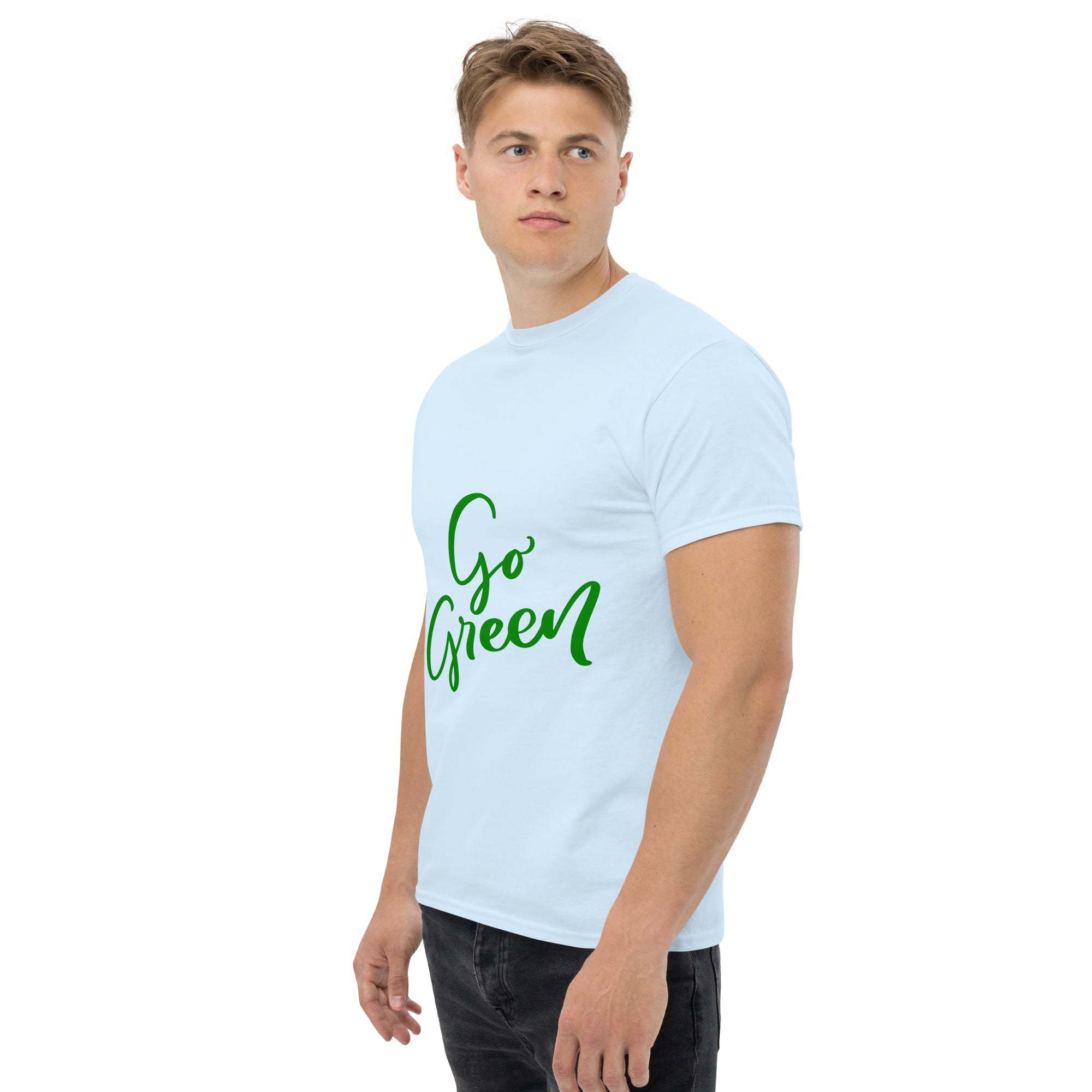 Male model wearing a light blue Go Green T-Shirt with green text promoting eco-friendly message