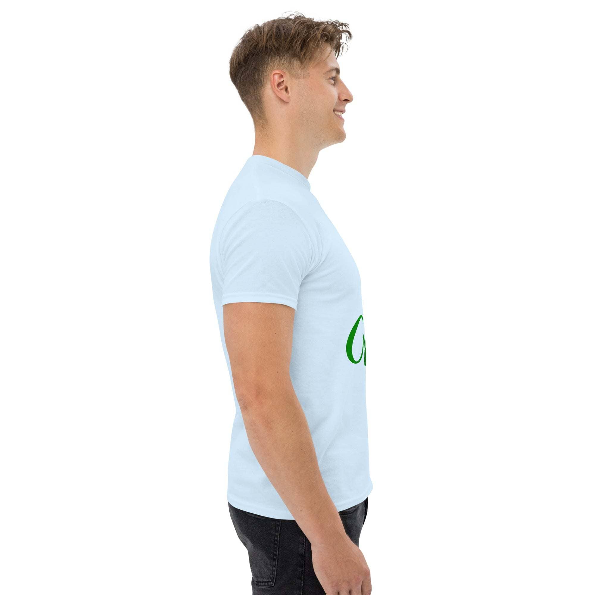 Side view of man wearing light blue Go Green T-Shirt made from sustainable materials promoting environmental awareness