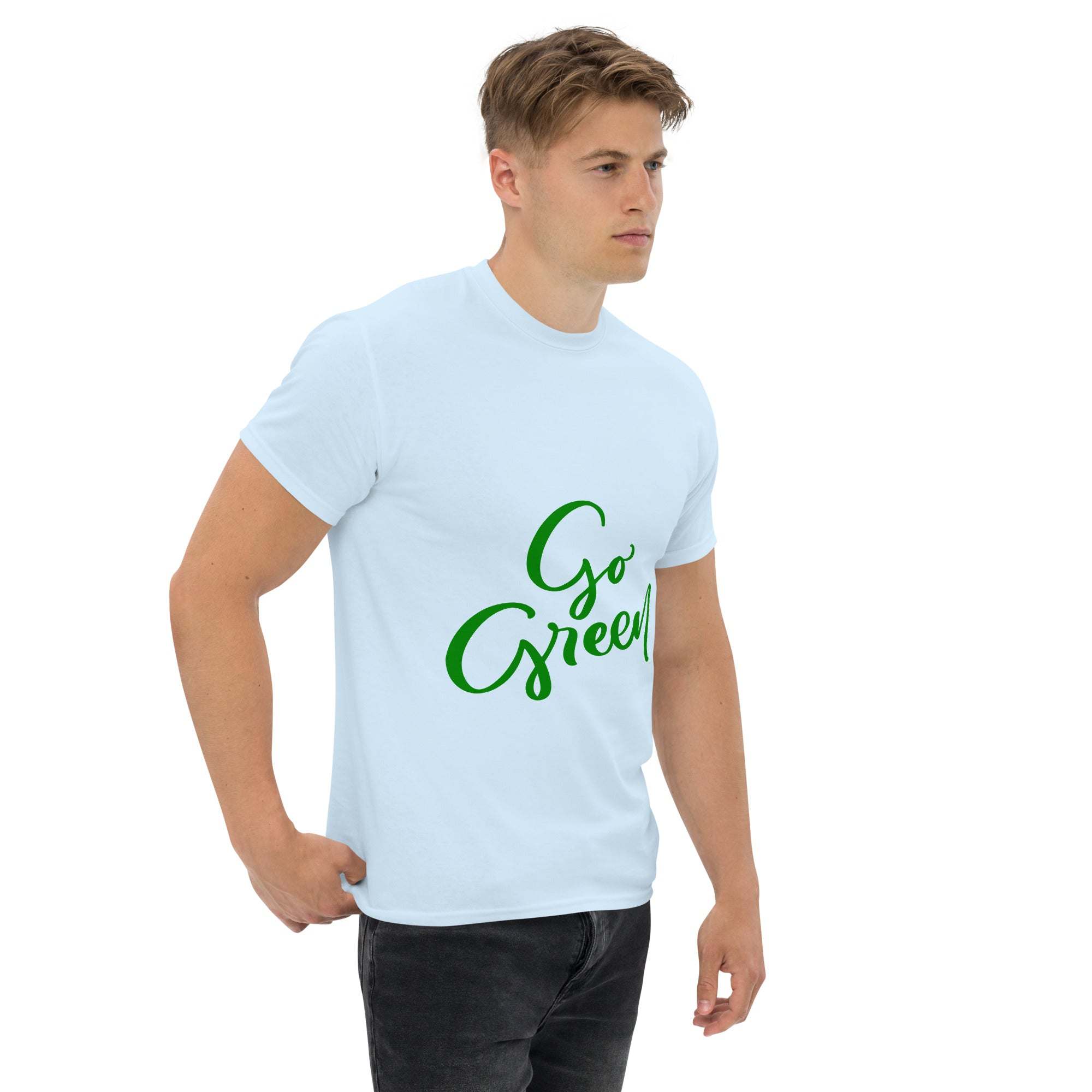 Man wearing a white Go Green T-Shirt with green eco-friendly text printed on front